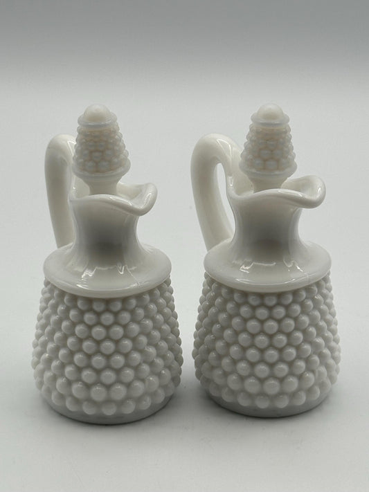 Vintage Milk Glass Hobnail Cruet Set - Oil Vinegar Bottles with Corn Stoppers White Kitchen Serving Pair
