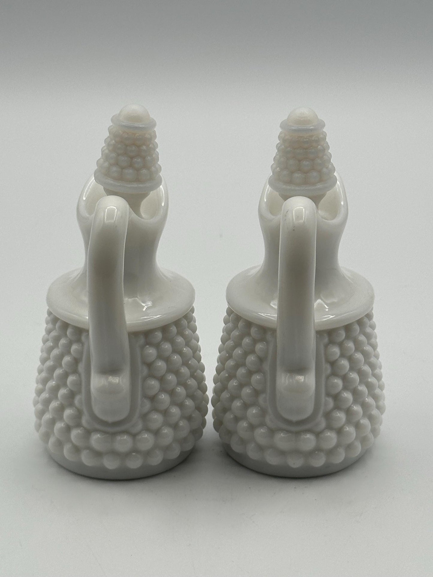 Vintage Milk Glass Hobnail Cruet Set - Oil Vinegar Bottles with Corn Stoppers White Kitchen Serving Pair