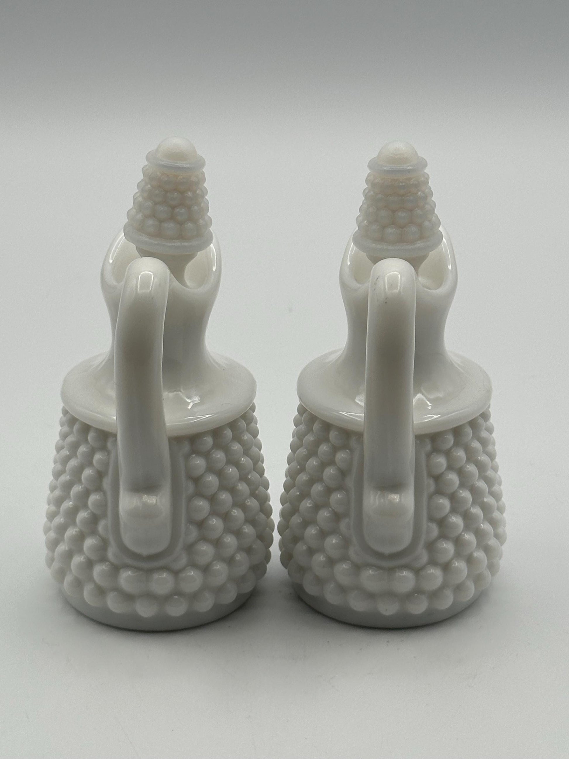 Vintage Milk Glass Hobnail Cruet Set - Oil Vinegar Bottles with Corn Stoppers White Kitchen Serving Pair