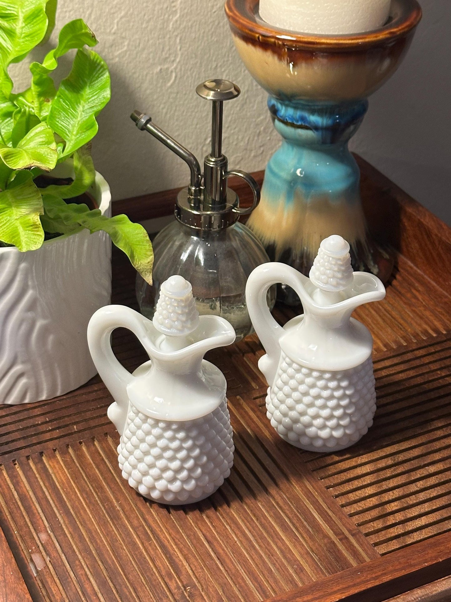 Vintage Milk Glass Hobnail Cruet Set - Oil Vinegar Bottles with Corn Stoppers White Kitchen Serving Pair
