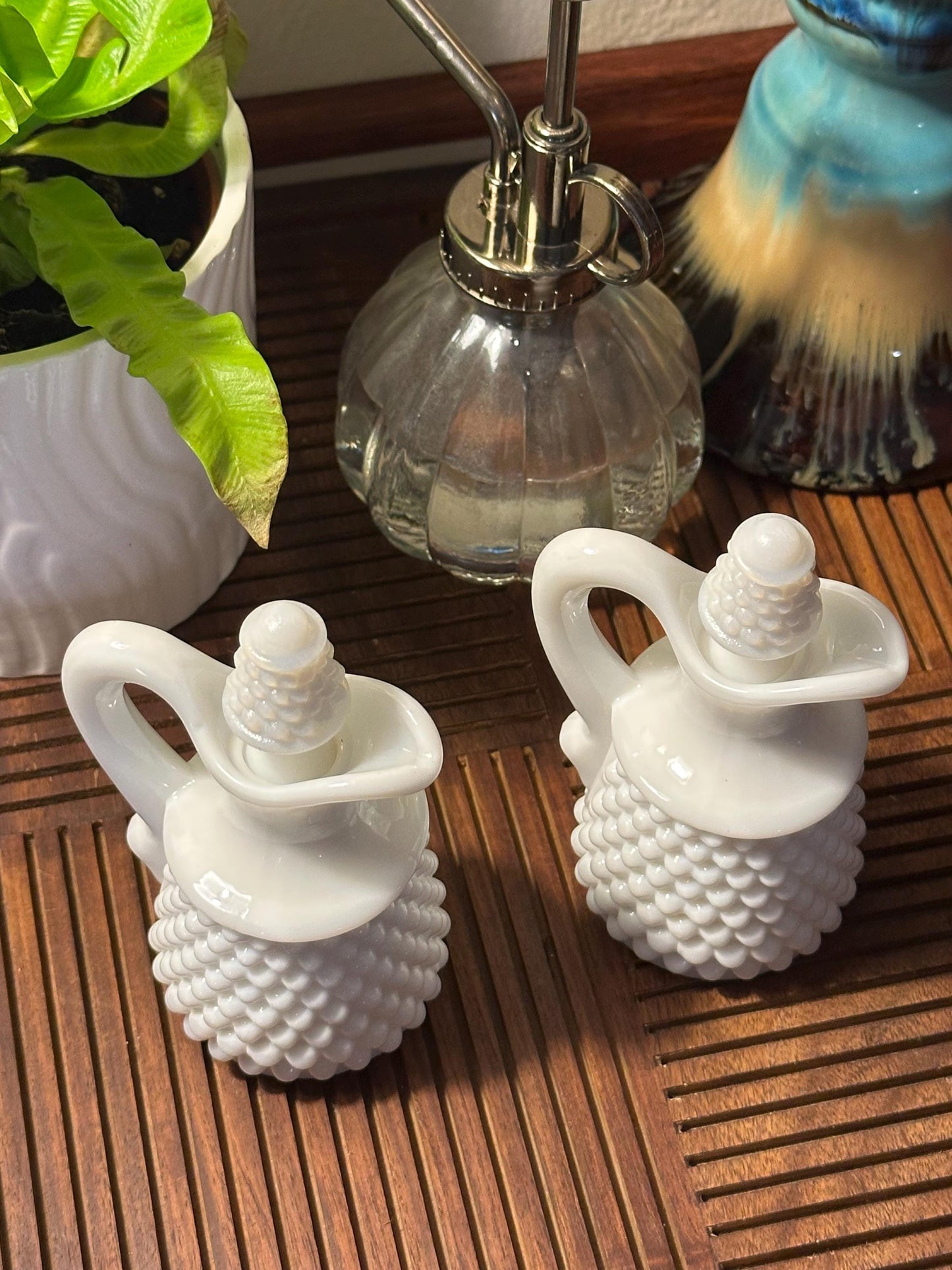 Vintage Milk Glass Hobnail Cruet Set - Oil Vinegar Bottles with Corn Stoppers White Kitchen Serving Pair