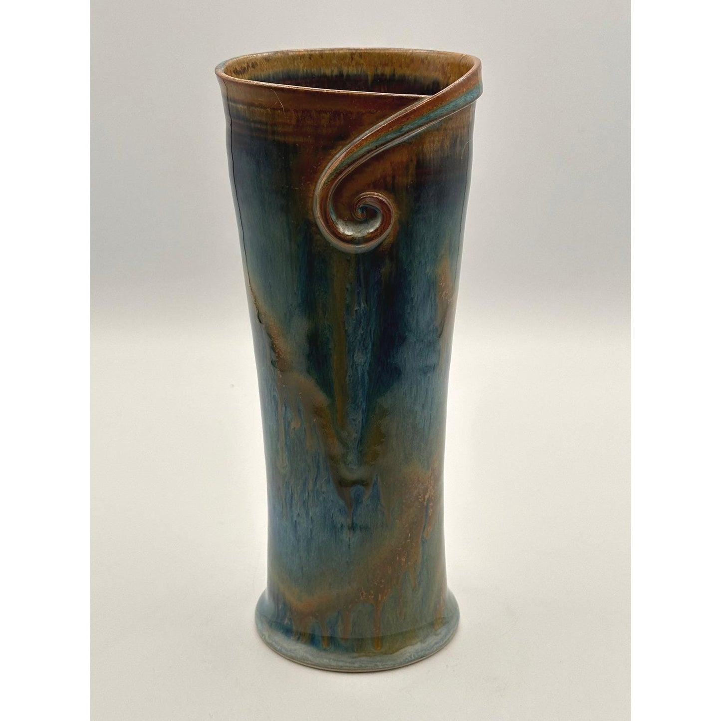 Tall Handmade Studio Pottery Vase Blue Green Drip Glaze Ceramic Vessel Contemporary Decor