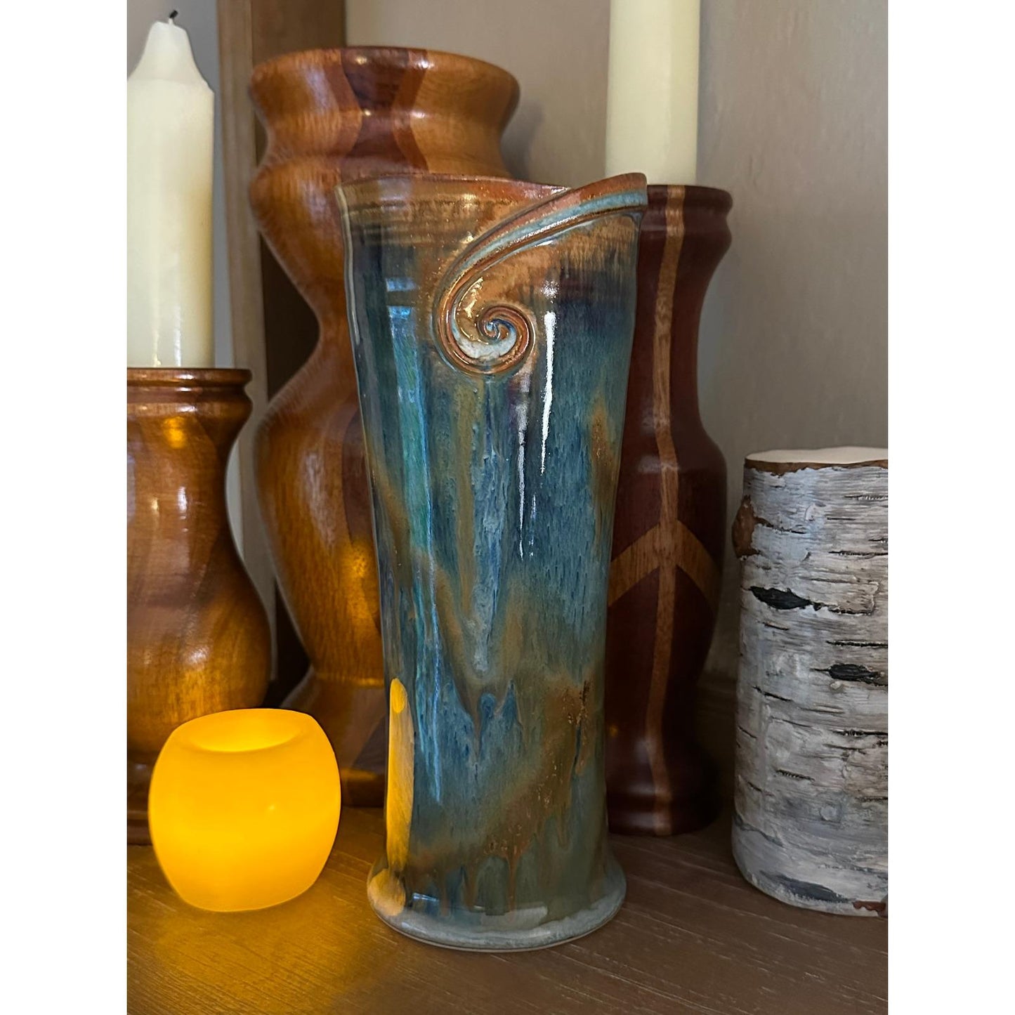 Tall Handmade Studio Pottery Vase Blue Green Drip Glaze Ceramic Vessel Contemporary Decor