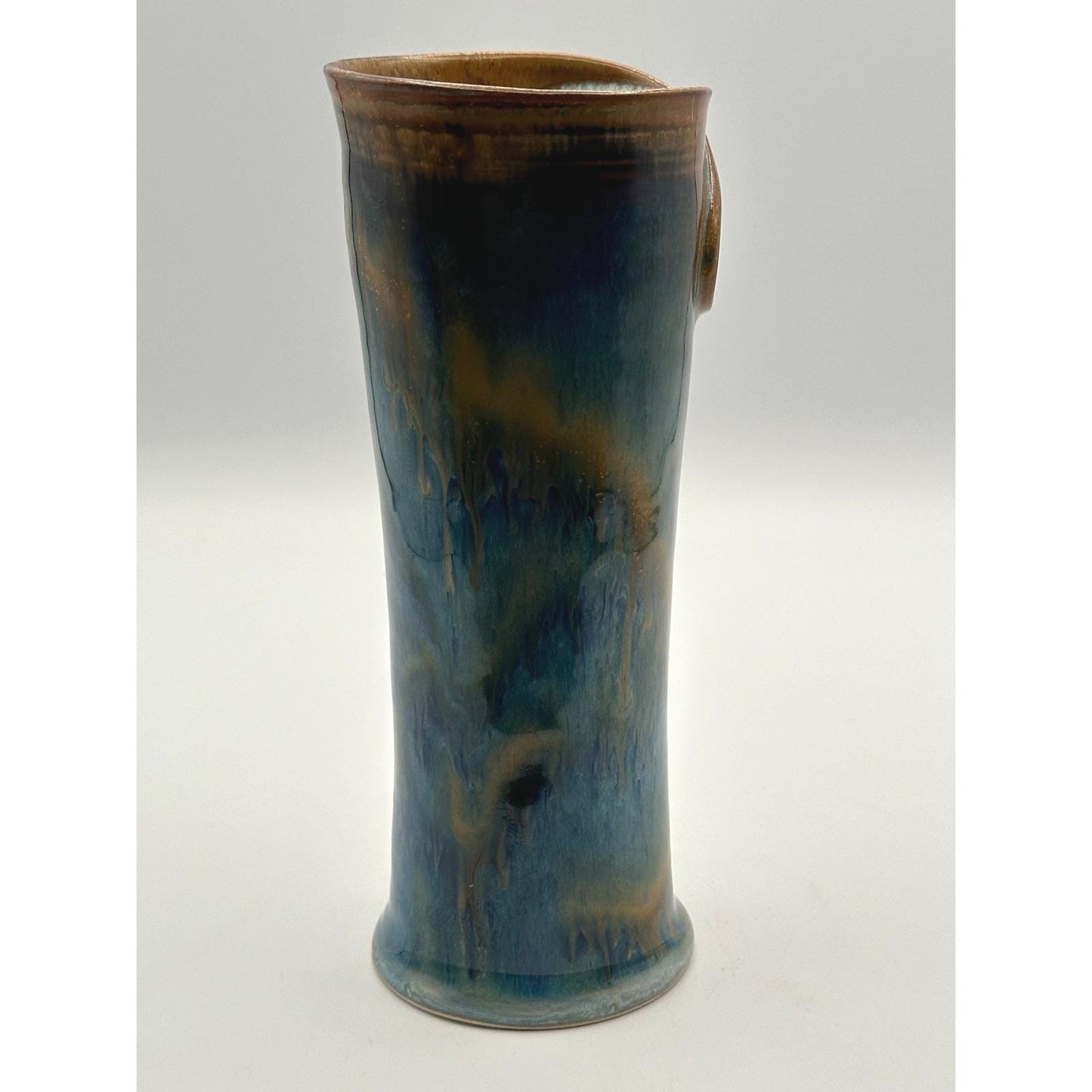 Tall Handmade Studio Pottery Vase Blue Green Drip Glaze Ceramic Vessel Contemporary Decor