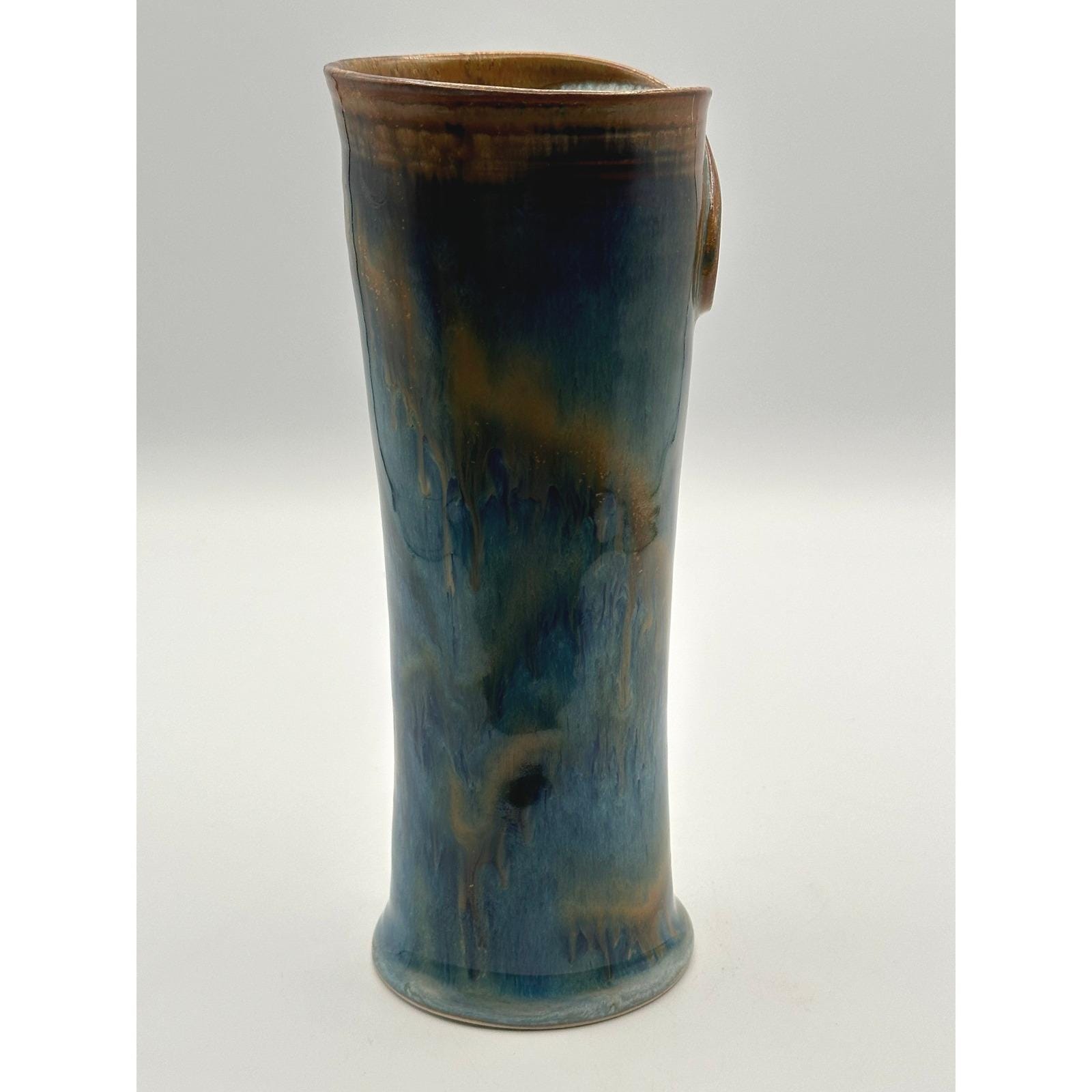 Tall Handmade Studio Pottery Vase Blue Green Drip Glaze Ceramic Vessel Contemporary Decor