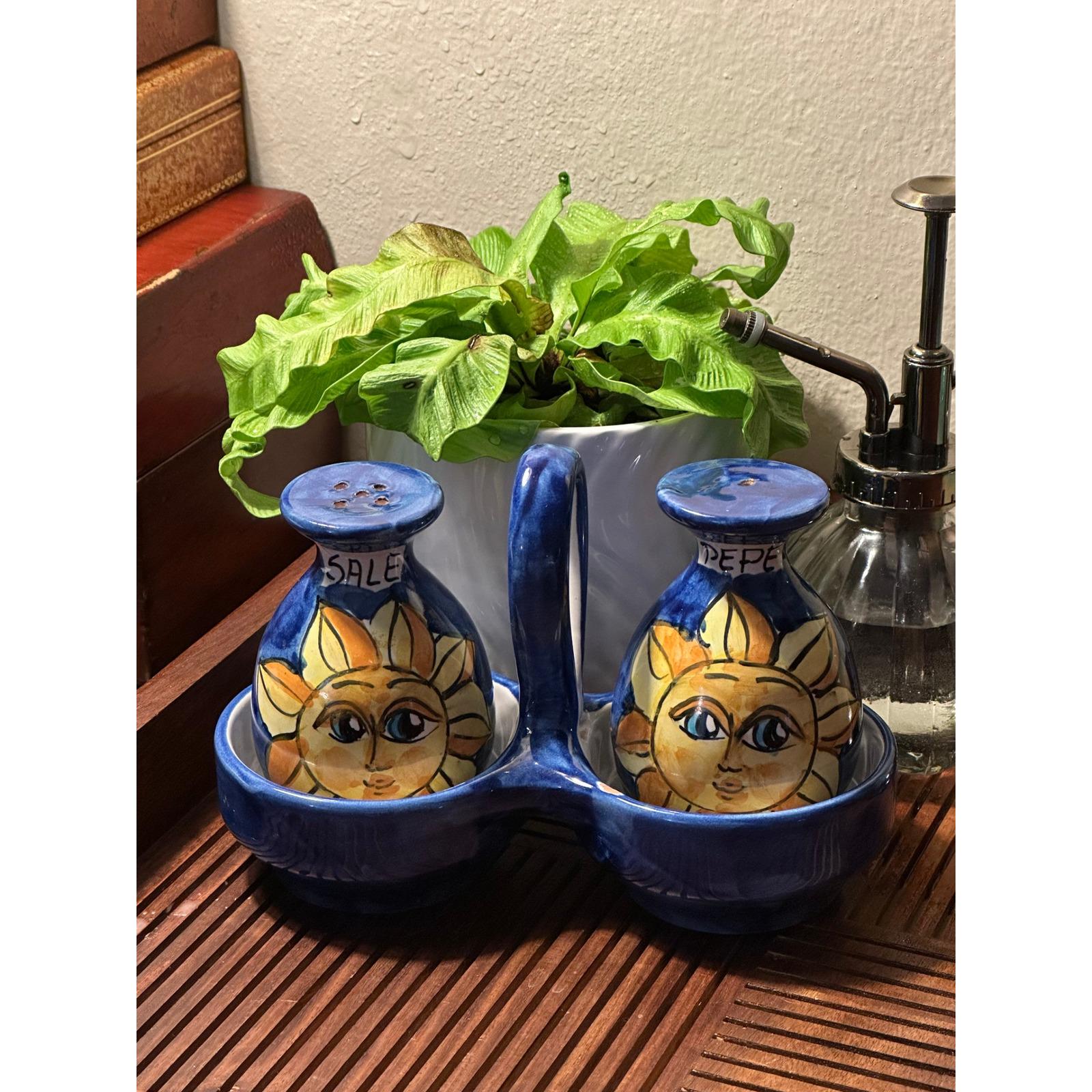 Vintage Italian Ceramic Hand Painted Salt & Pepper Shaker Set with Caddy Made in Italy