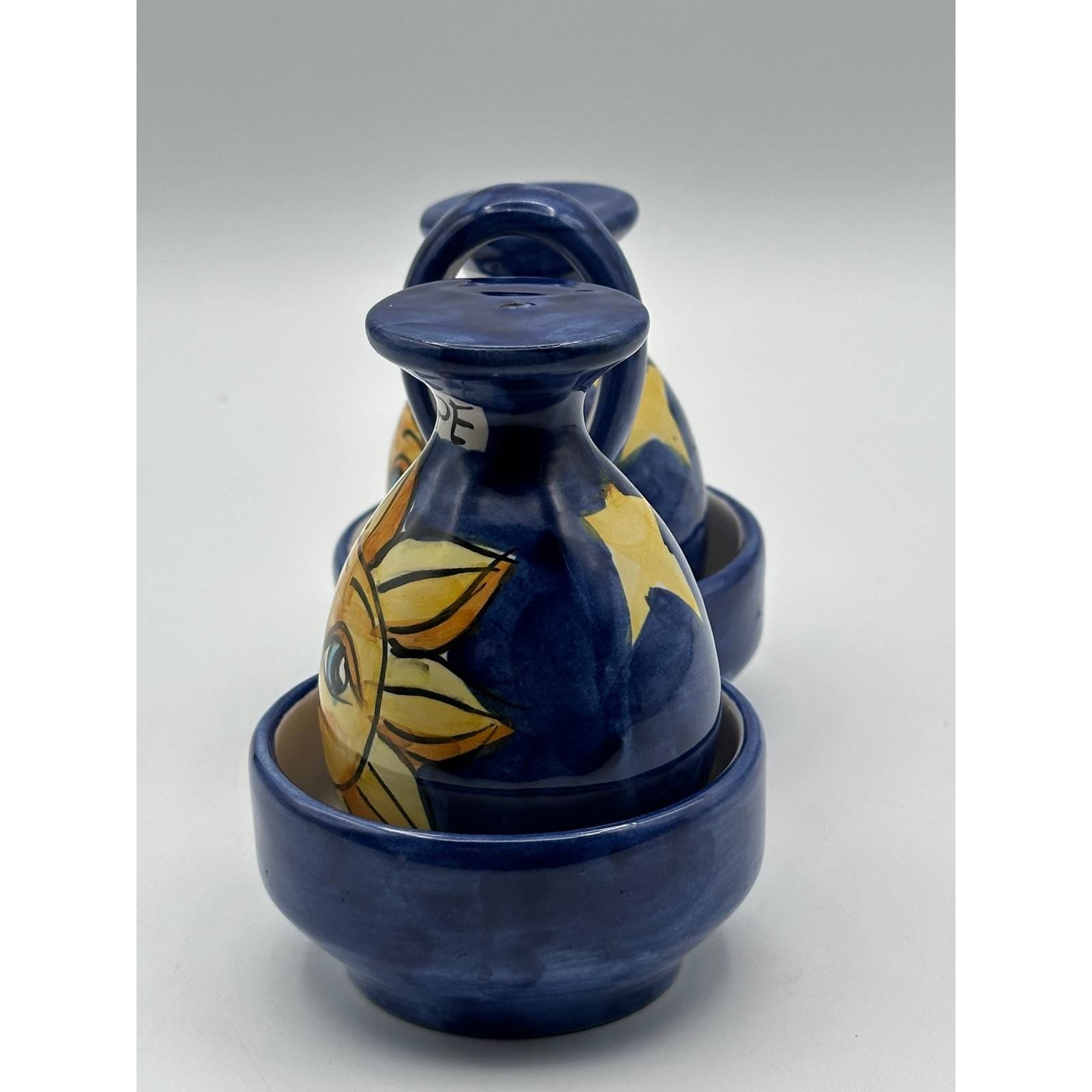 Vintage Italian Ceramic Hand Painted Salt & Pepper Shaker Set with Caddy Made in Italy