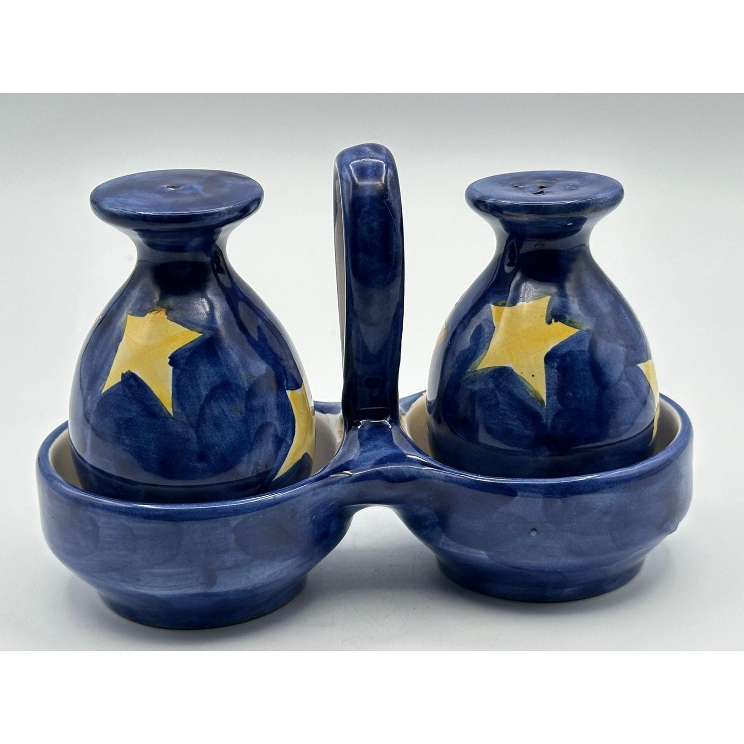 Vintage Italian Ceramic Hand Painted Salt & Pepper Shaker Set with Caddy Made in Italy