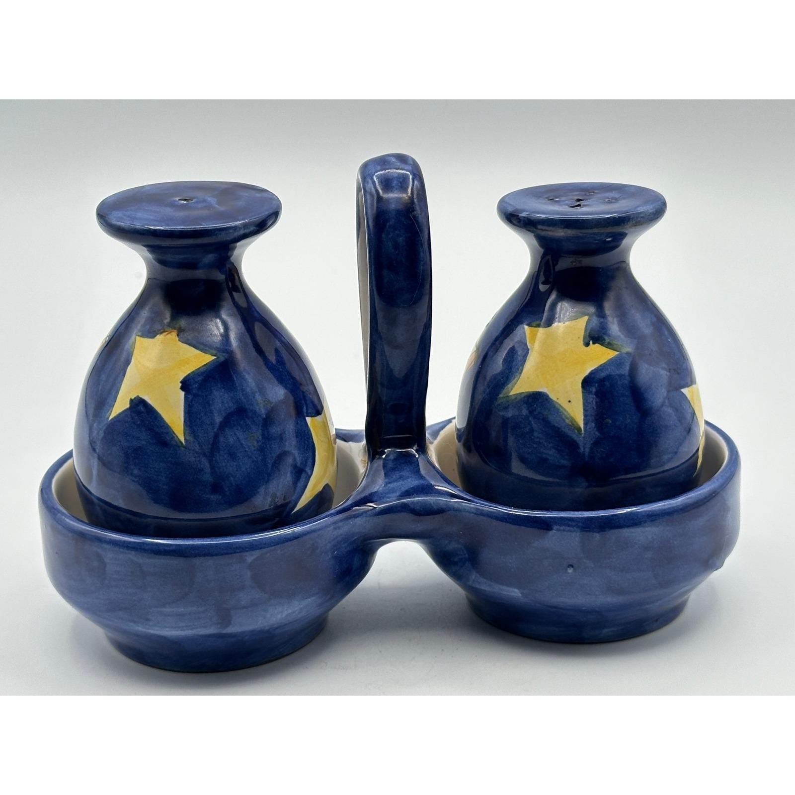Vintage Italian Ceramic Hand Painted Salt & Pepper Shaker Set with Caddy Made in Italy