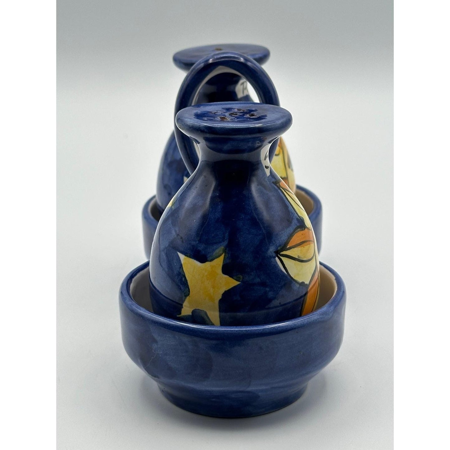 Vintage Italian Ceramic Hand Painted Salt & Pepper Shaker Set with Caddy Made in Italy