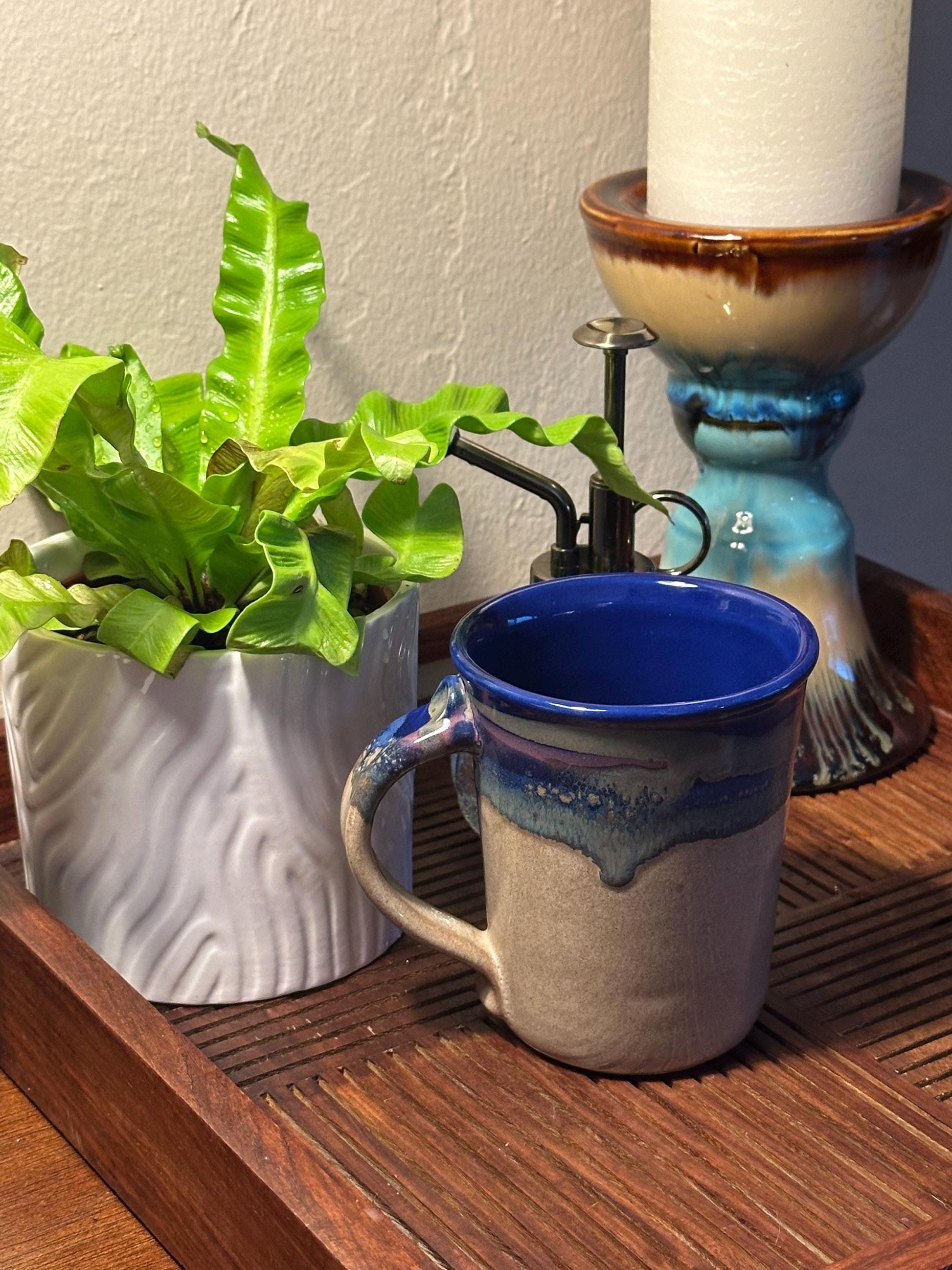 Artist Signed Handmade Studio Pottery Coffee Mug Blue Drip Glaze Ceramic Stoneware Cup