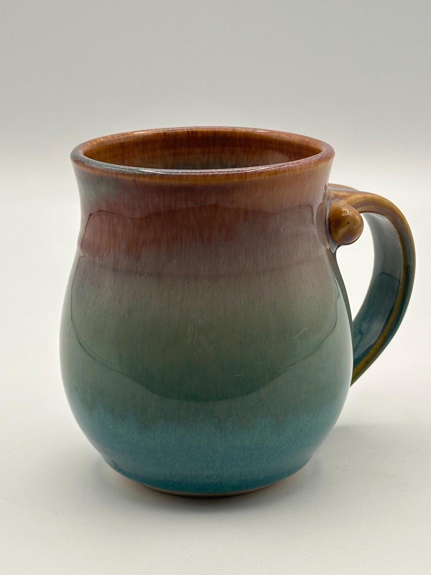 Artist Signed Handmade Pottery Mug Studio Ceramic Coffee Cup Blue Green Brown Drip Glaze Stoneware