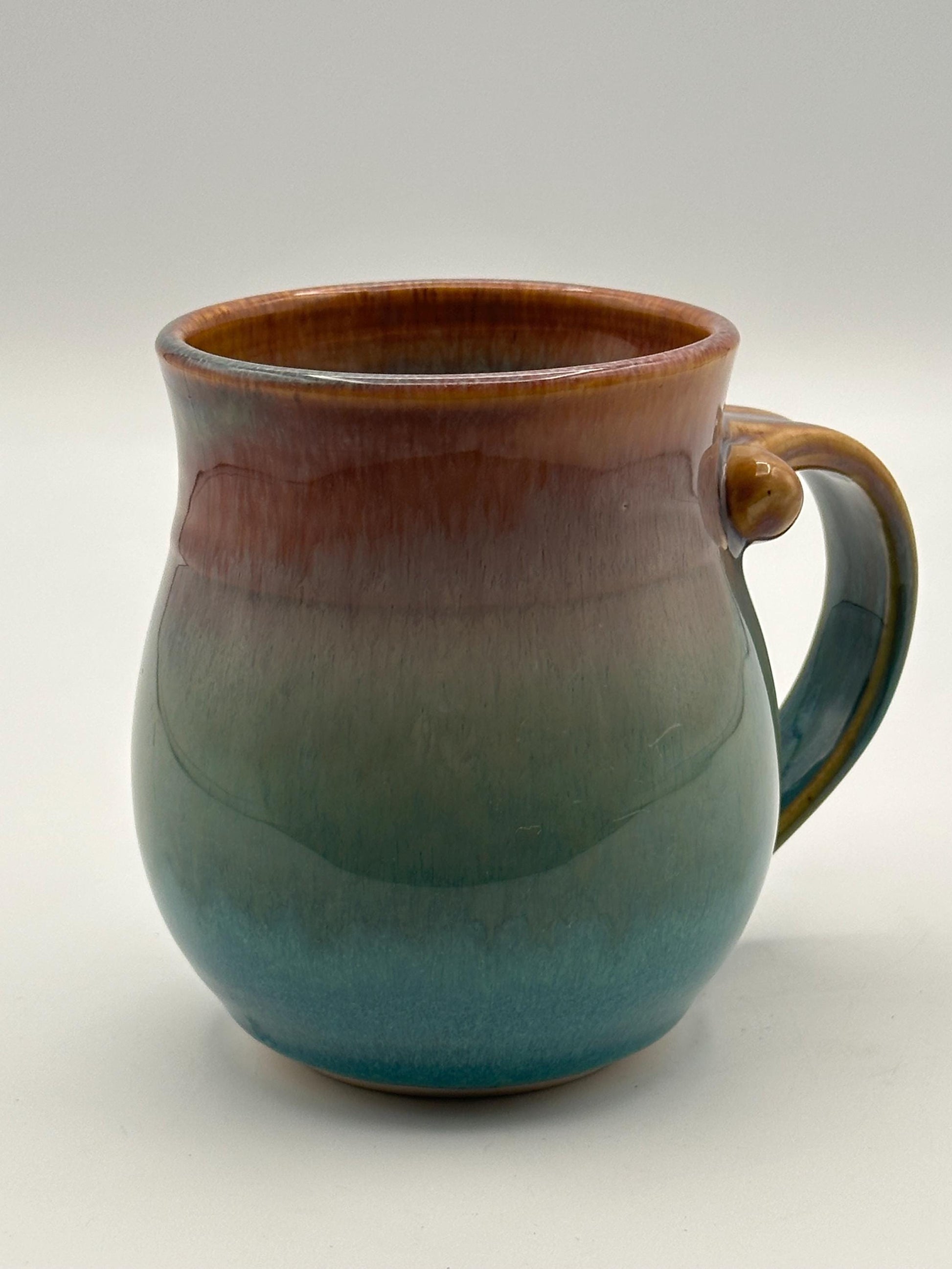 Artist Signed Handmade Pottery Mug Studio Ceramic Coffee Cup Blue Green Brown Drip Glaze Stoneware