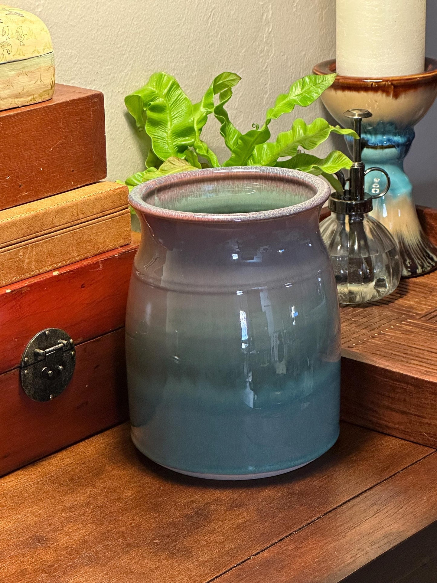 Artist Signed Handmade Pottery Vase Blue Green Brown Drip Glaze 7 Inch Stoneware Ceramic Studio Vessel