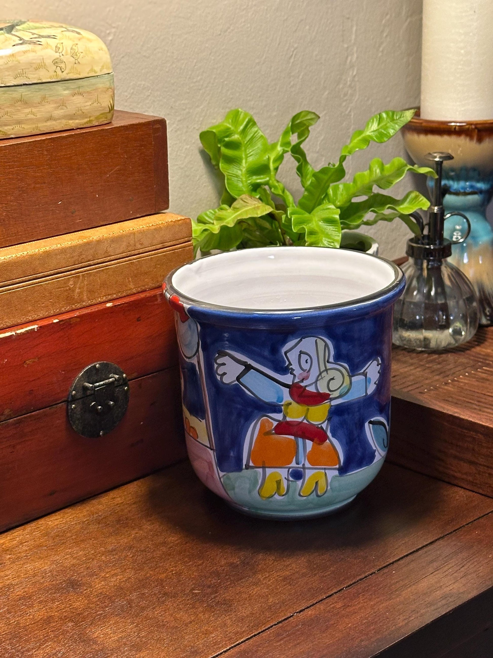 Vintage La Musa Italian Ceramic Utensil Holder Planter | Hand-Painted Folk Art Pot Made Italy 1970s Colorful Kitchen Decor