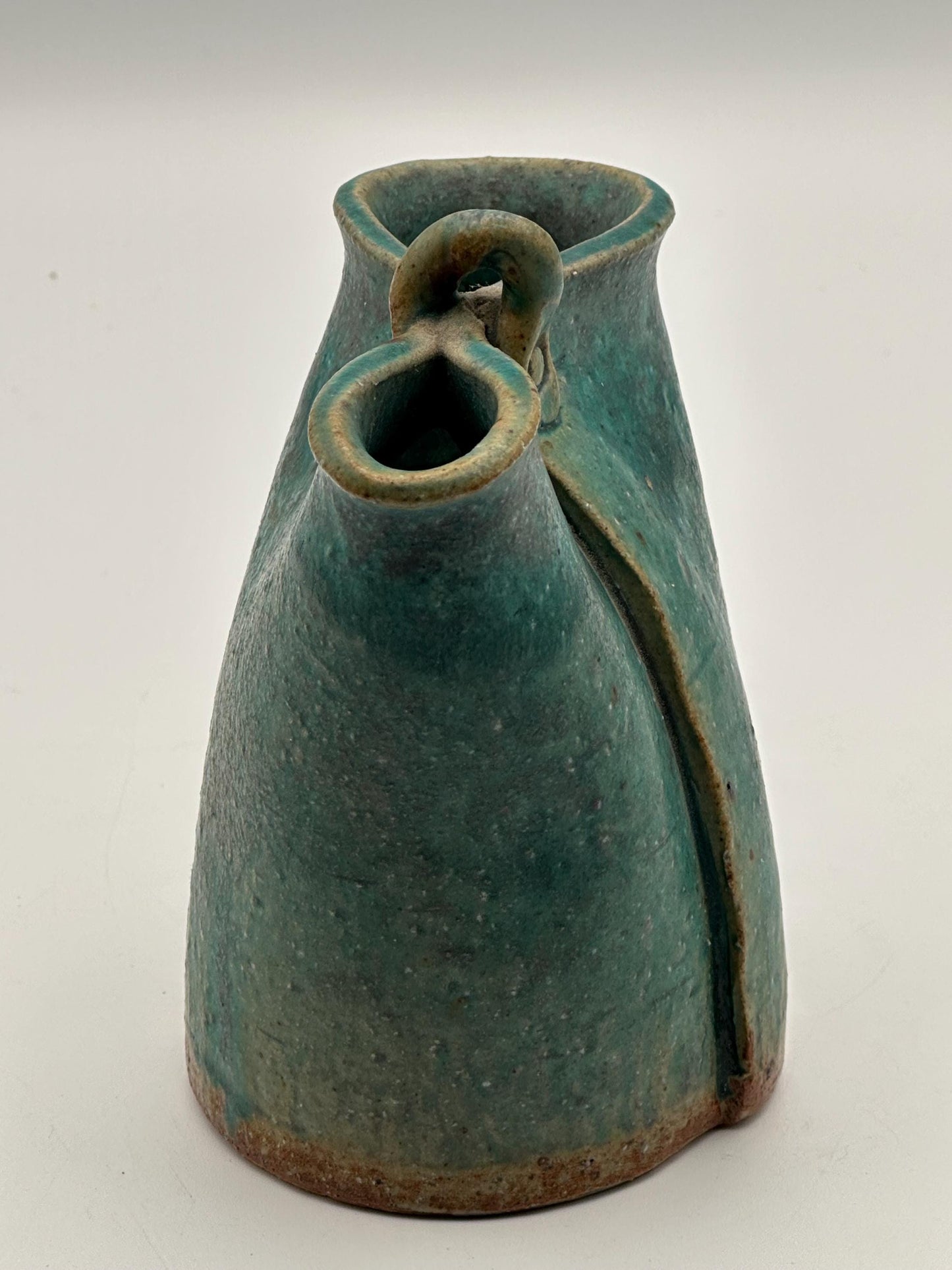 Artist Signed Studio Pottery Vase 4.5" Handmade Ceramic Small Decorative Vessel Rustic Green Blue Glaze