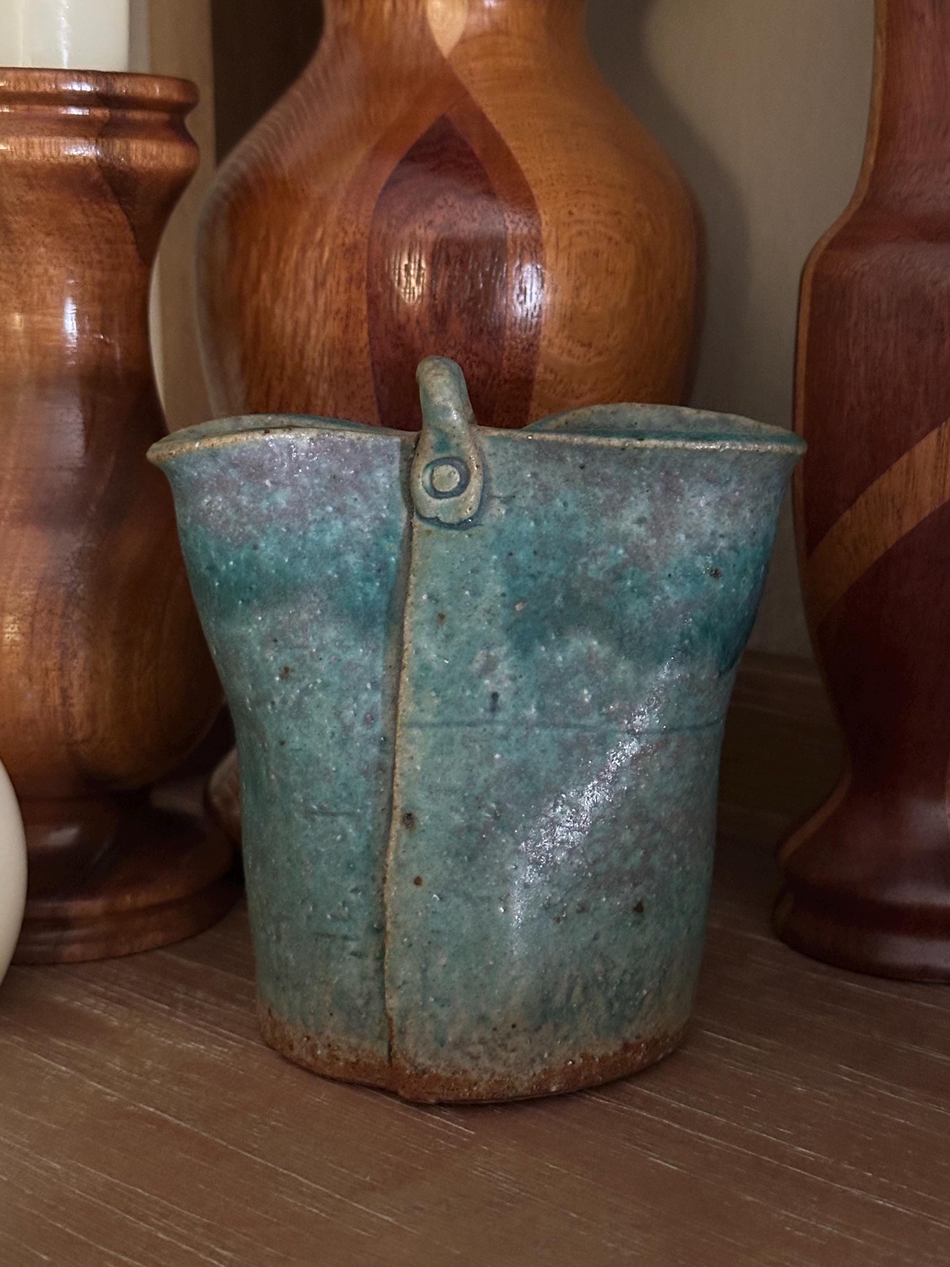 Artist Signed Studio Pottery Vase 4.5" Handmade Ceramic Small Decorative Vessel Rustic Green Blue Glaze