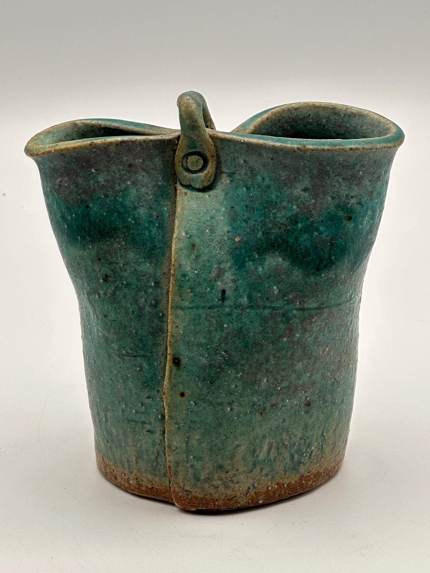 Artist Signed Studio Pottery Vase 4.5" Handmade Ceramic Small Decorative Vessel Rustic Green Blue Glaze