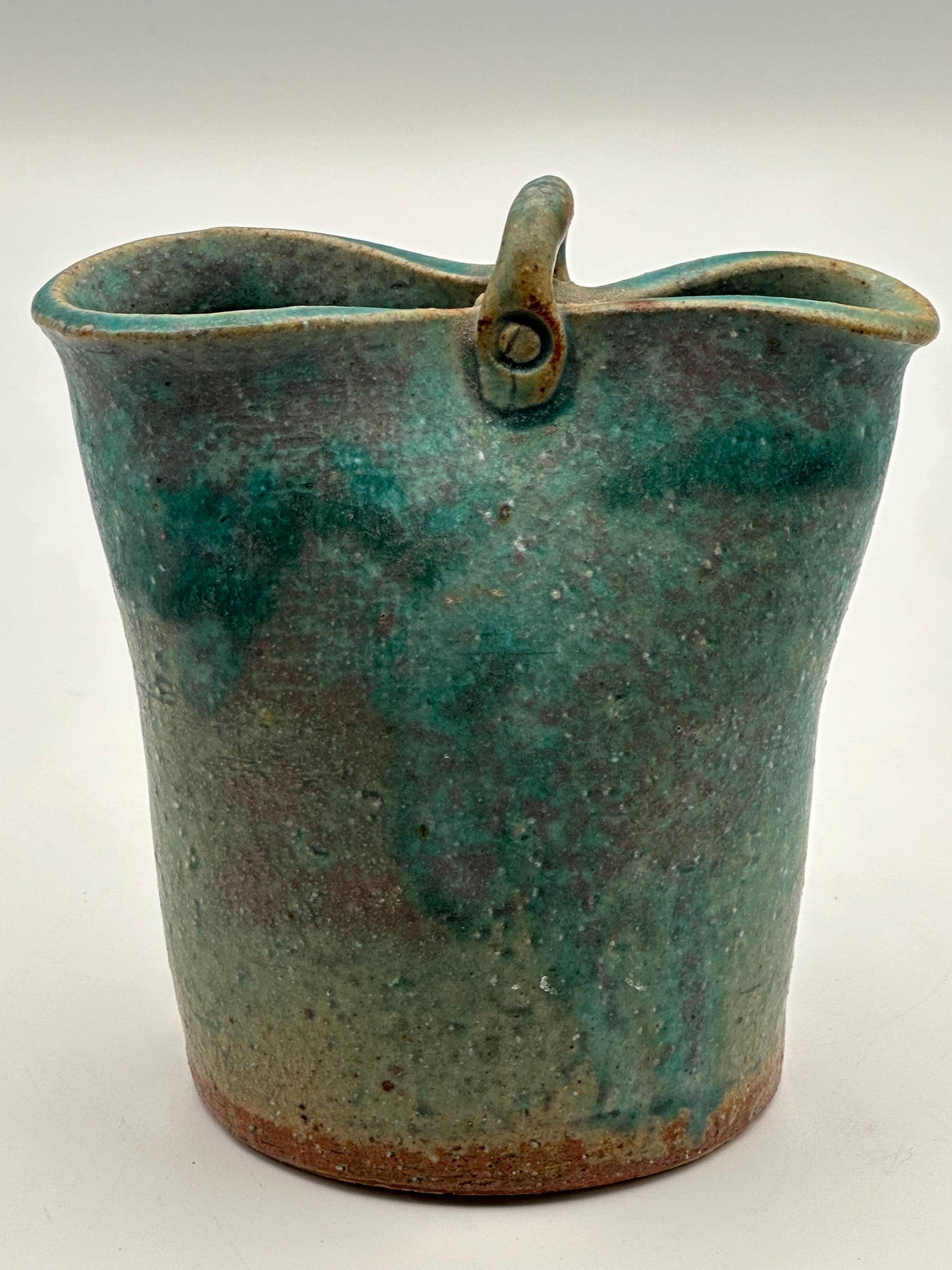 Artist Signed Studio Pottery Vase 4.5" Handmade Ceramic Small Decorative Vessel Rustic Green Blue Glaze