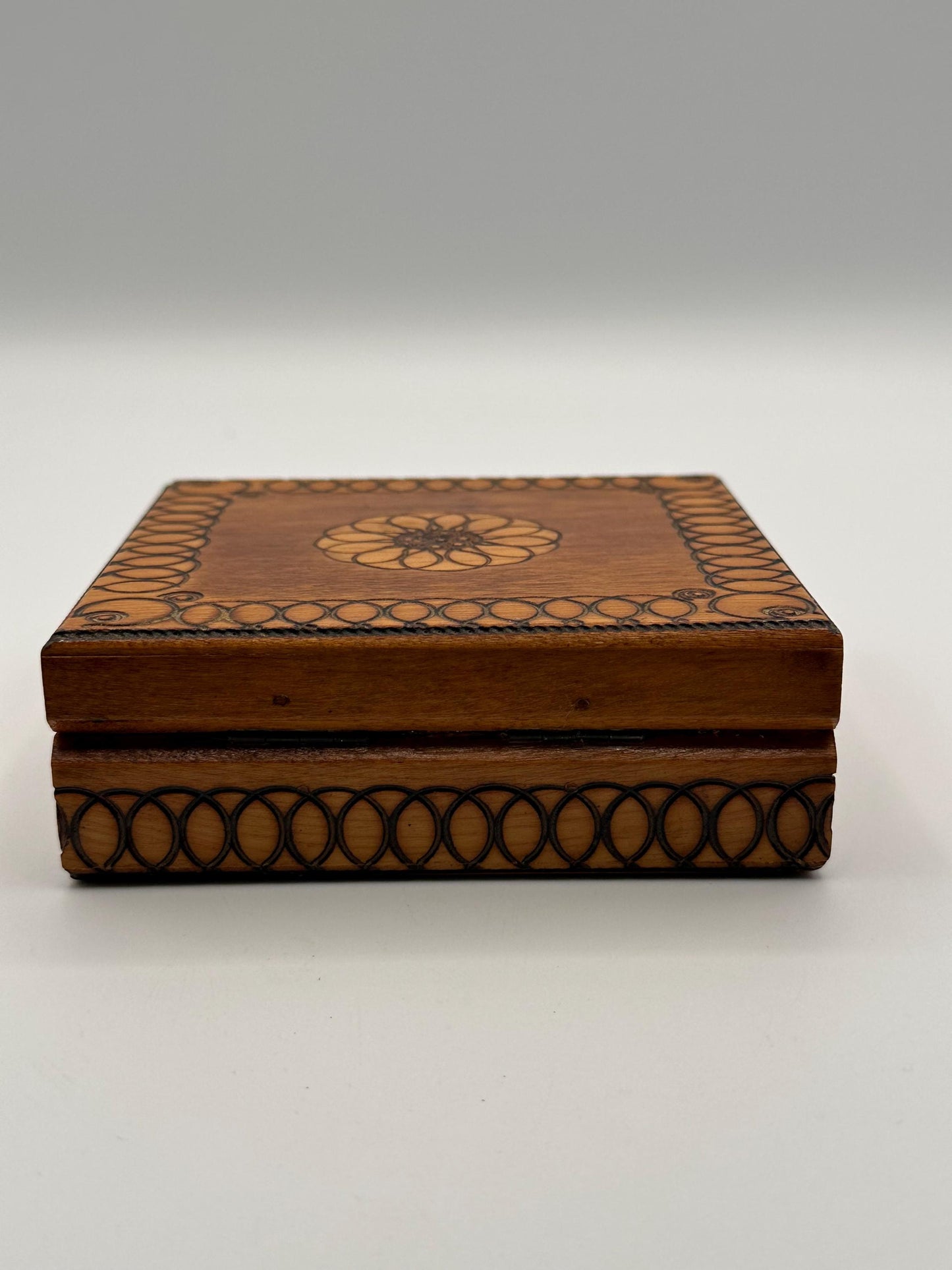 Vintage Hand Burned Pyrography Jewelry Box | Small Wooden Trinket Keepsake Storage with Decorative Design