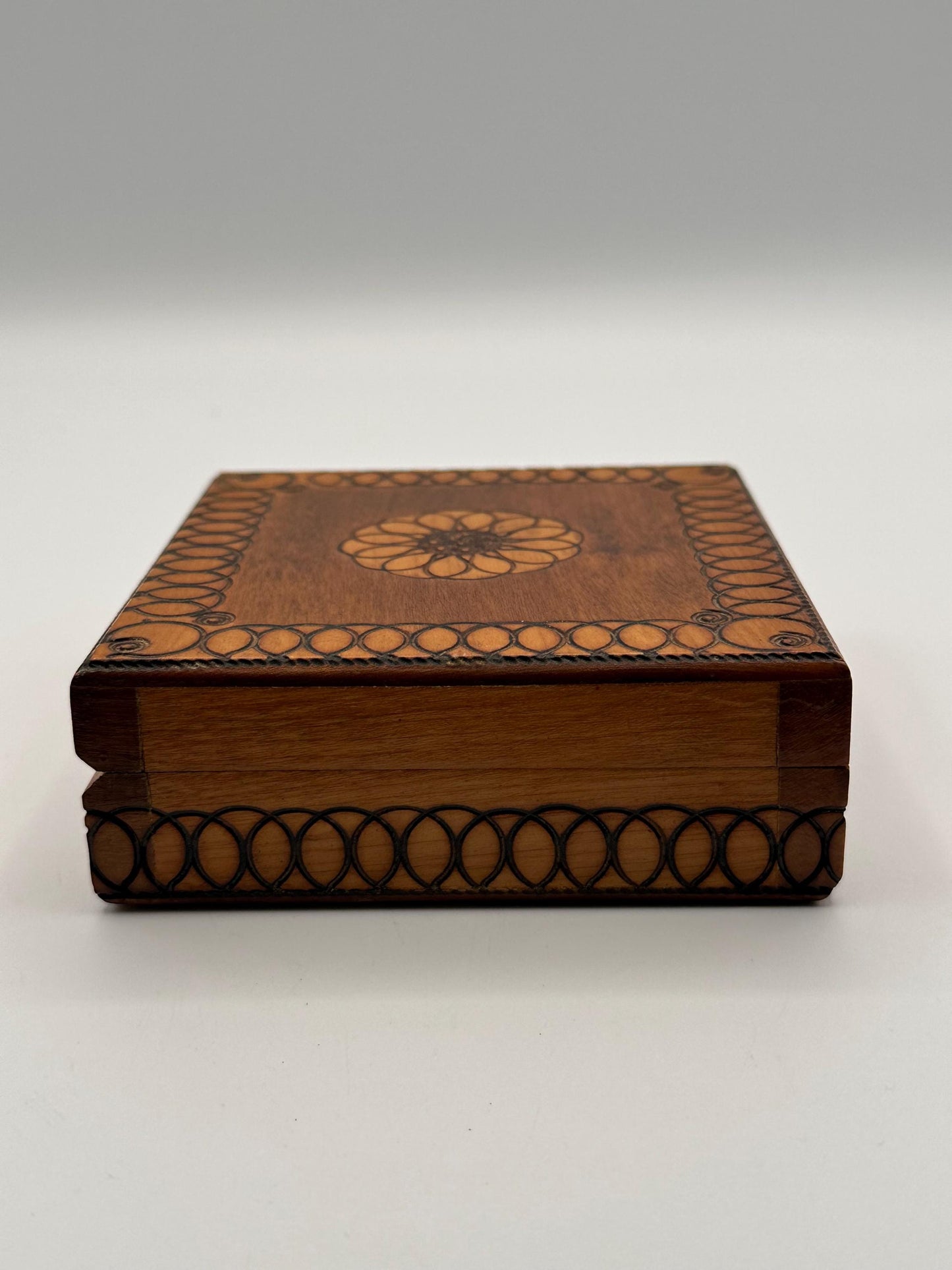 Vintage Hand Burned Pyrography Jewelry Box | Small Wooden Trinket Keepsake Storage with Decorative Design