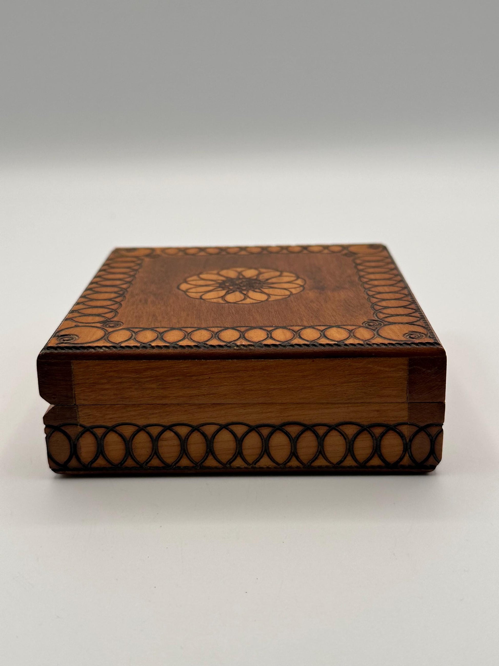 Vintage Hand Burned Pyrography Jewelry Box | Small Wooden Trinket Keepsake Storage with Decorative Design