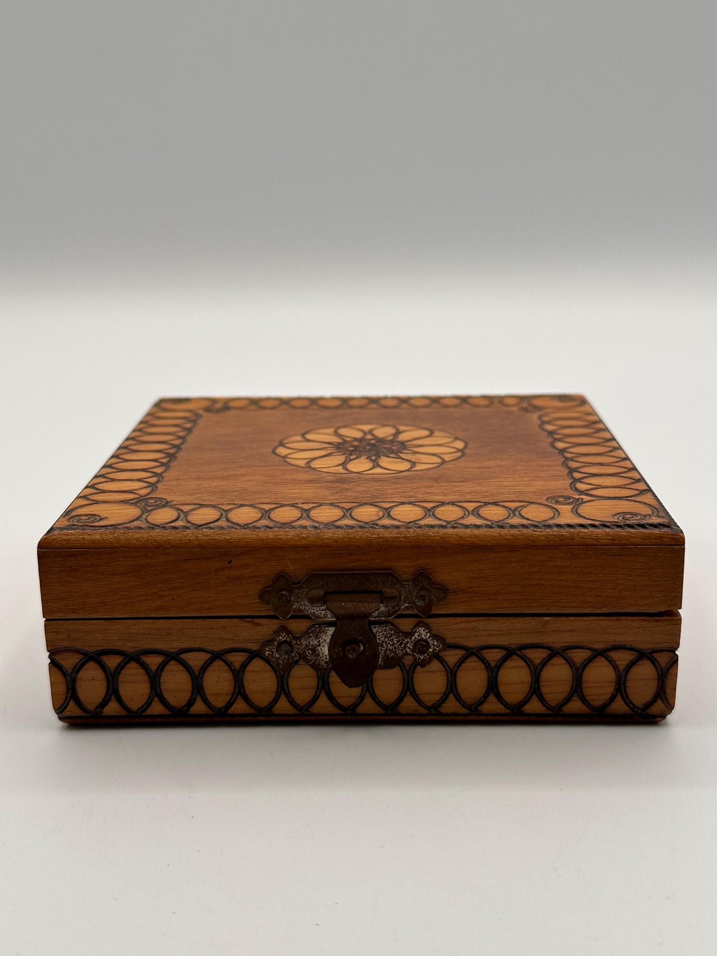 Vintage Hand Burned Pyrography Jewelry Box | Small Wooden Trinket Keepsake Storage with Decorative Design