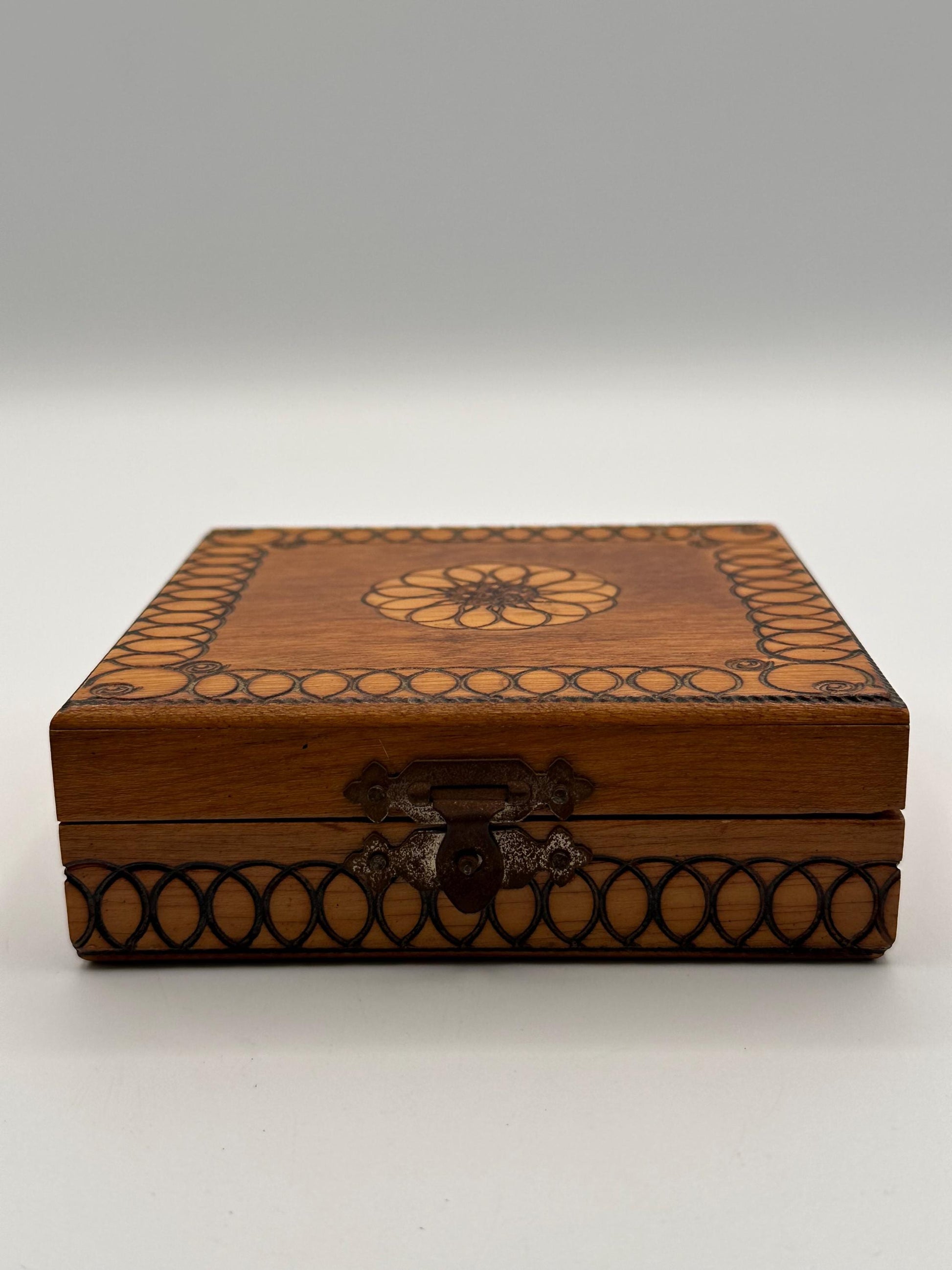 Vintage Hand Burned Pyrography Jewelry Box | Small Wooden Trinket Keepsake Storage with Decorative Design