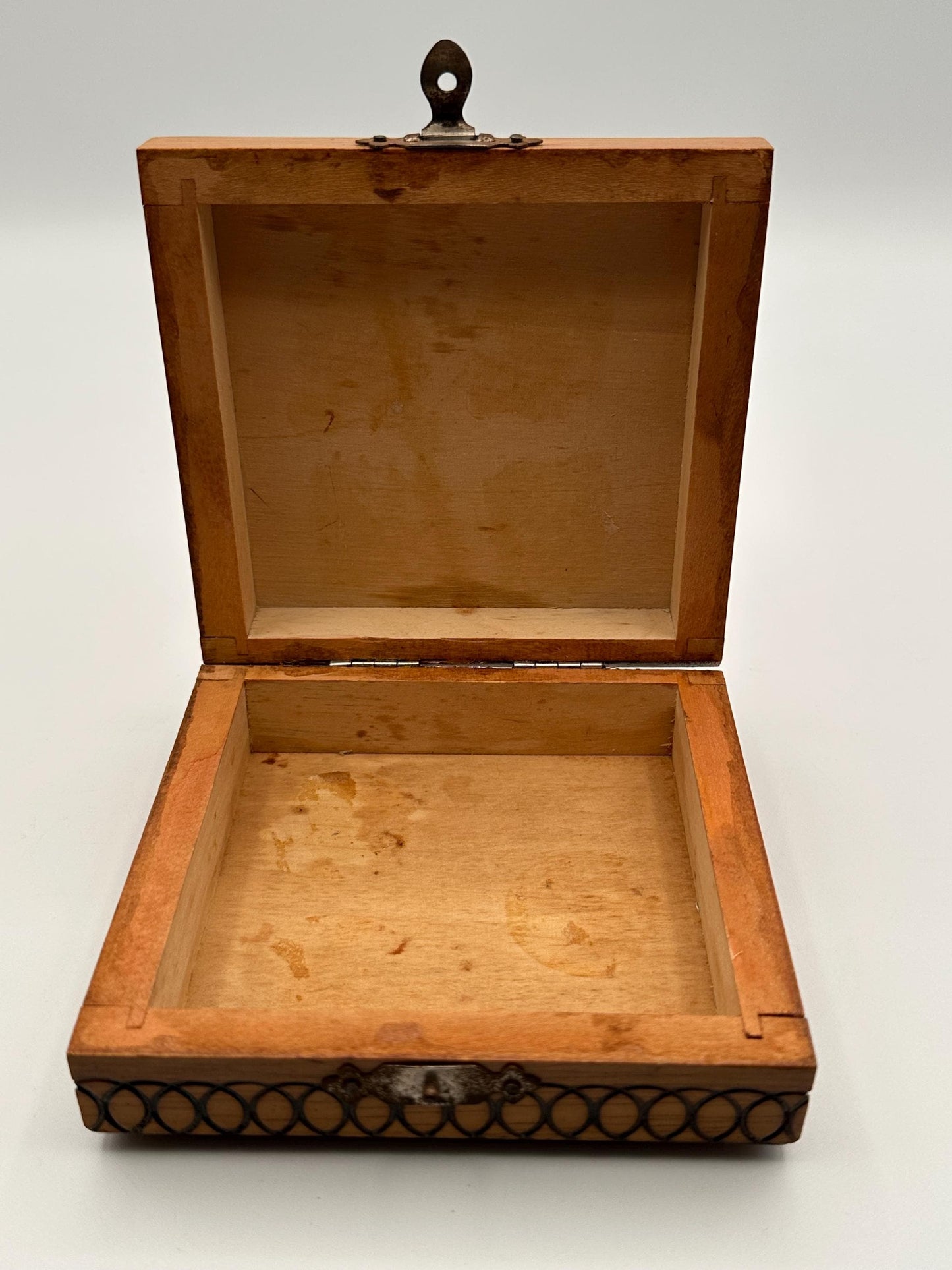 Vintage Hand Burned Pyrography Jewelry Box | Small Wooden Trinket Keepsake Storage with Decorative Design