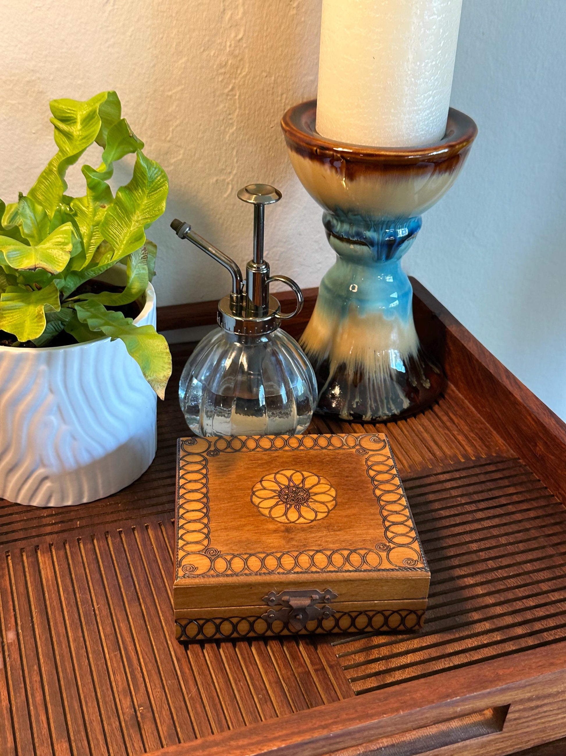 Vintage Hand Burned Pyrography Jewelry Box | Small Wooden Trinket Keepsake Storage with Decorative Design