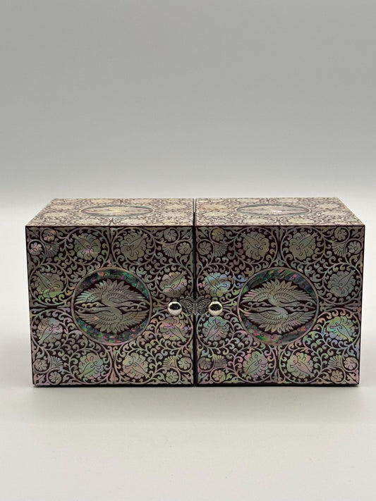 Mother of Pearl Inlay Jewelry Box | Ornate Lacquered Storage Chest | Abalone Asian Vintage Decorative Decor