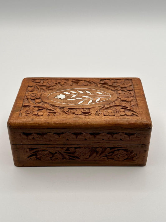 Hand Carved Wooden Jewelry Box | Vintage Indian Floral Trinket Keepsake Storage | Handmade Gift