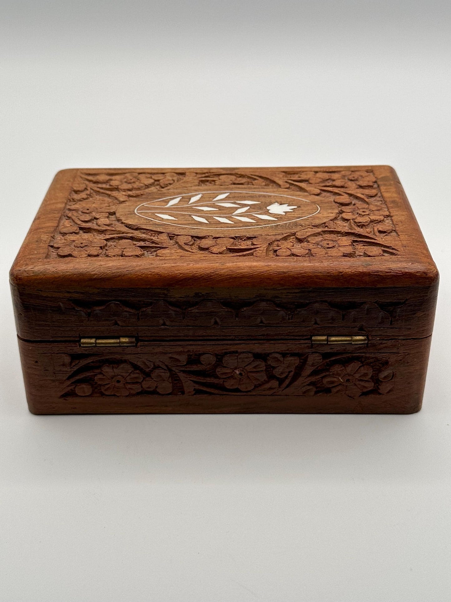 Hand Carved Wooden Jewelry Box | Vintage Indian Floral Trinket Keepsake Storage | Handmade Gift