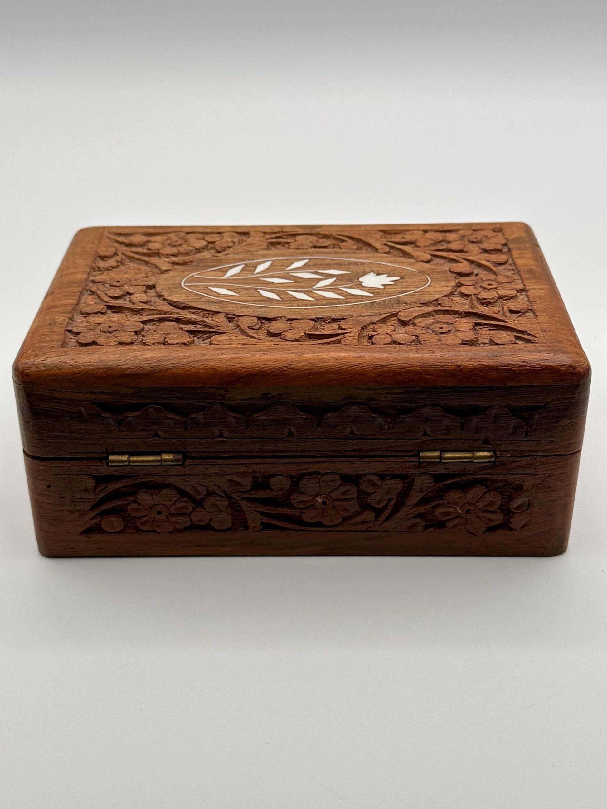 Hand Carved Wooden Jewelry Box | Vintage Indian Floral Trinket Keepsake Storage | Handmade Gift