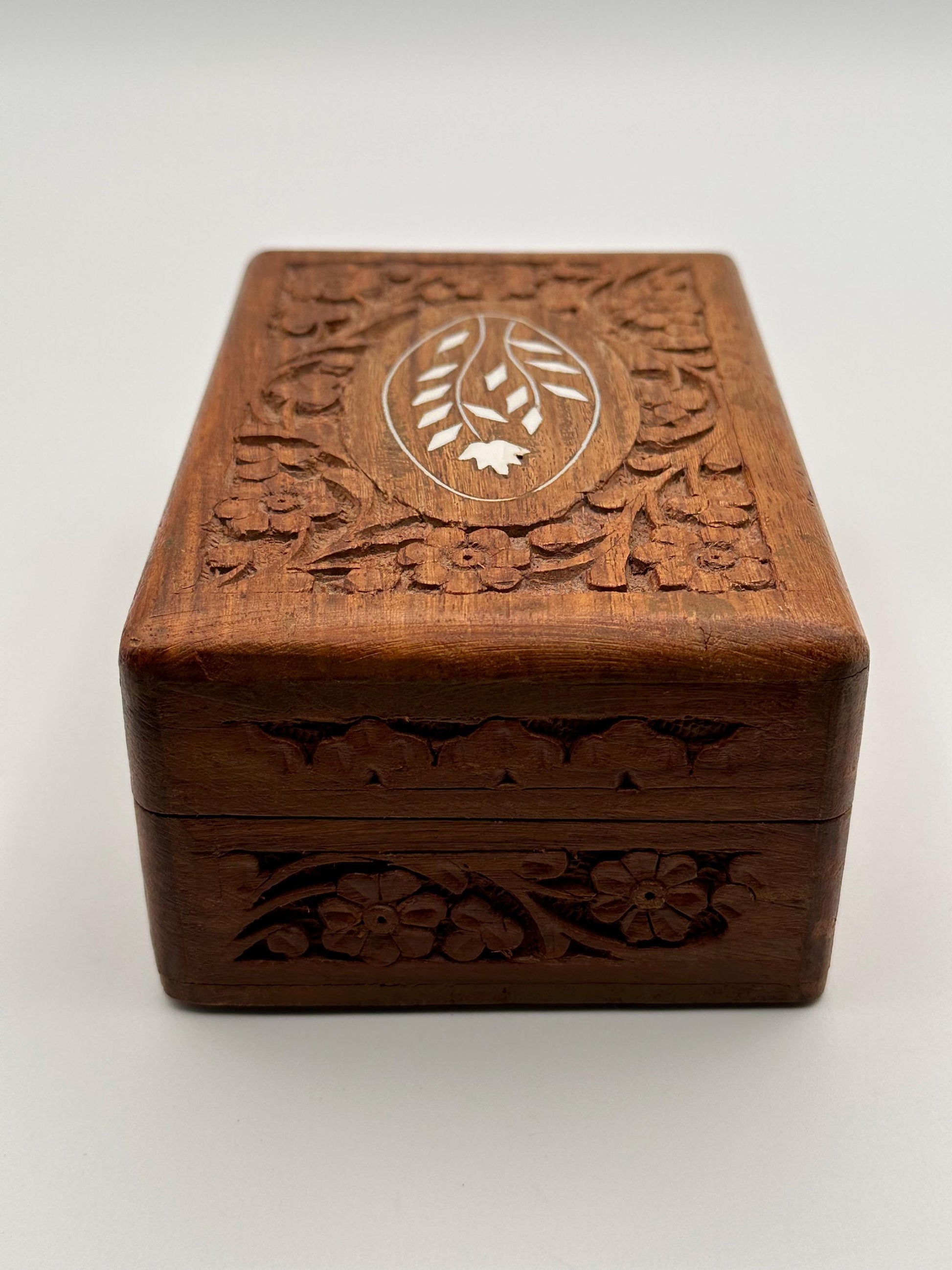 Hand Carved Wooden Jewelry Box | Vintage Indian Floral Trinket Keepsake Storage | Handmade Gift