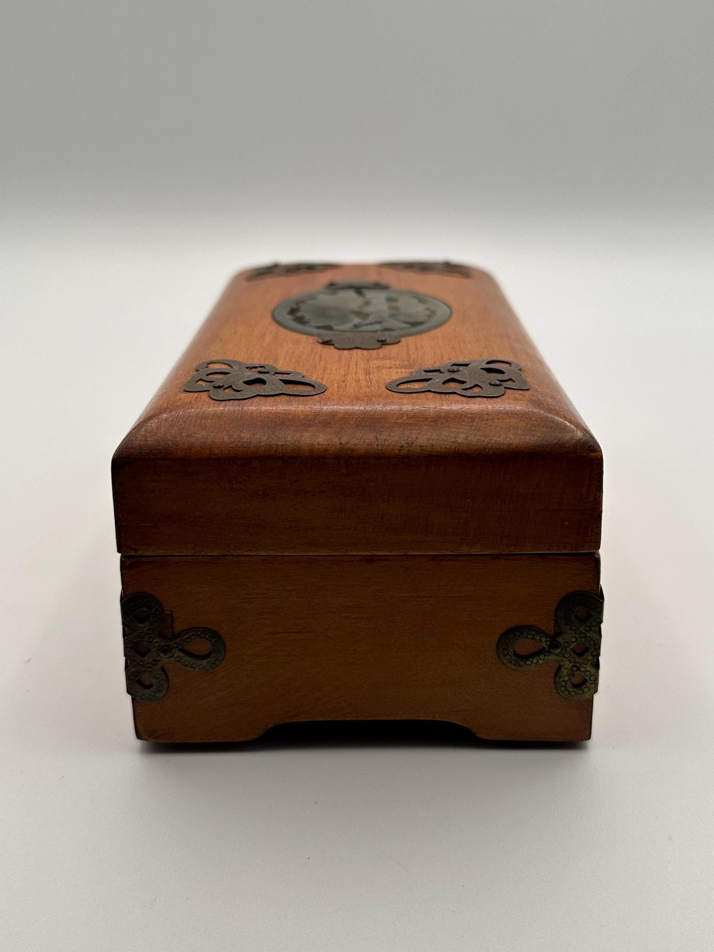 Vintage Wooden Jewelry Box Carved Stone Medallion Asian Style Decorative Keepsake Storage