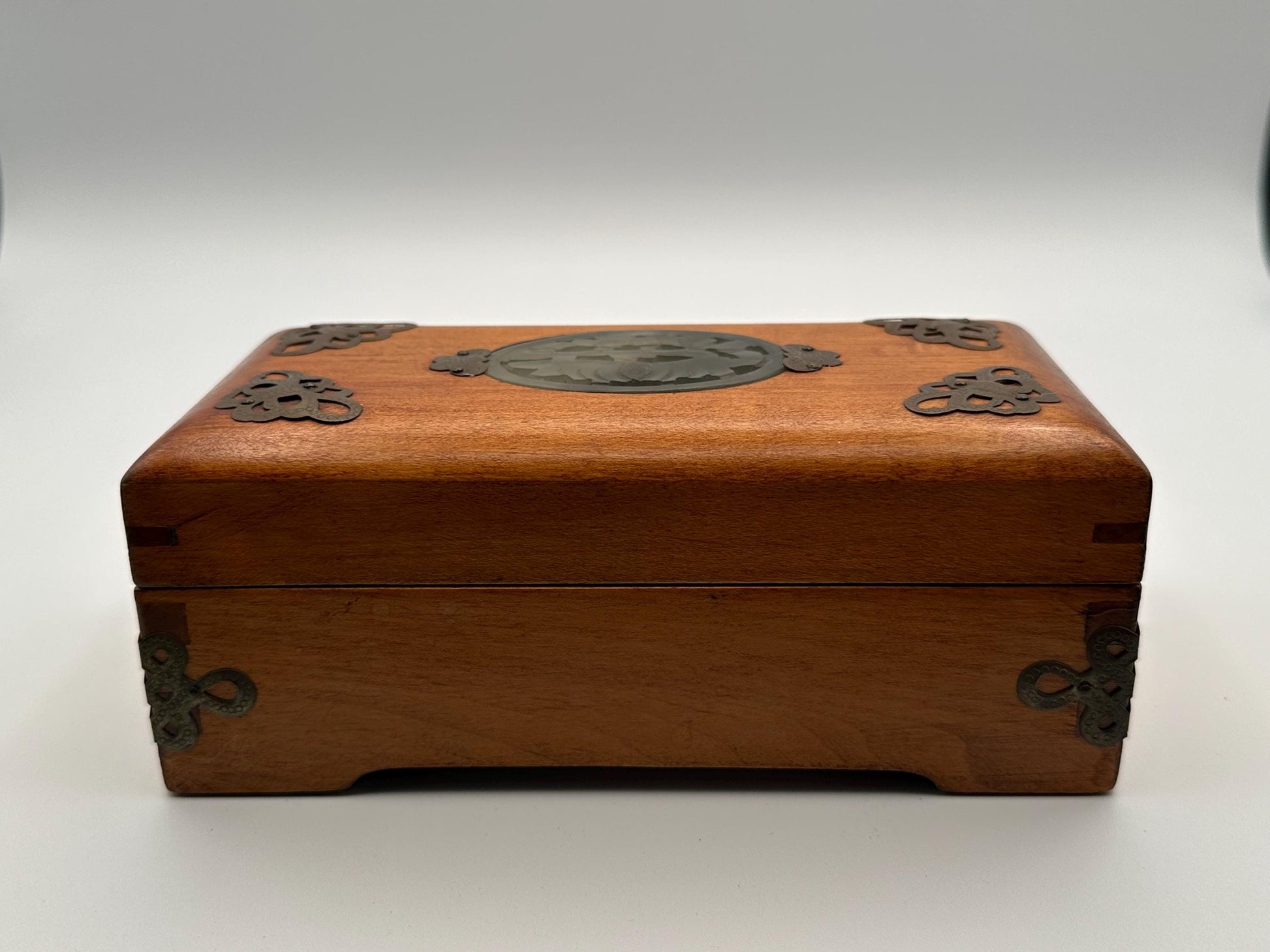Vintage Wooden Jewelry Box Carved Stone Medallion Asian Style Decorative Keepsake Storage