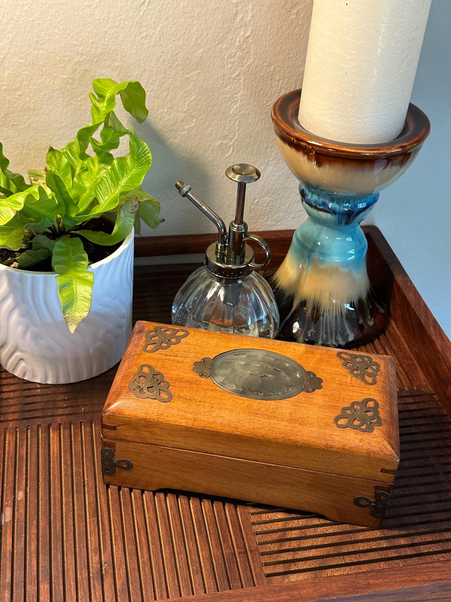 Vintage Wooden Jewelry Box Carved Stone Medallion Asian Style Decorative Keepsake Storage