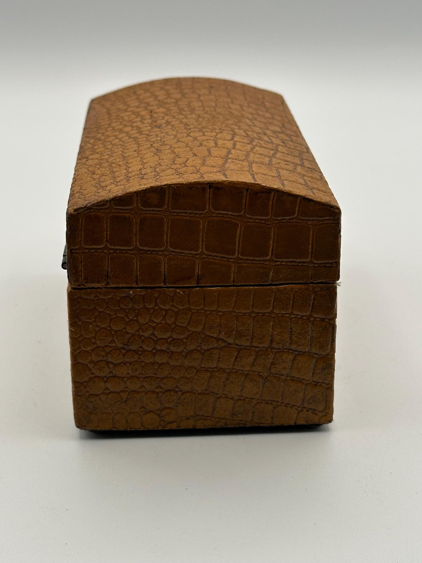 Vintage Faux Alligator Jewelry Box | Crocodile Embossed Keepsake Storage Chest | Brown Arched Decor