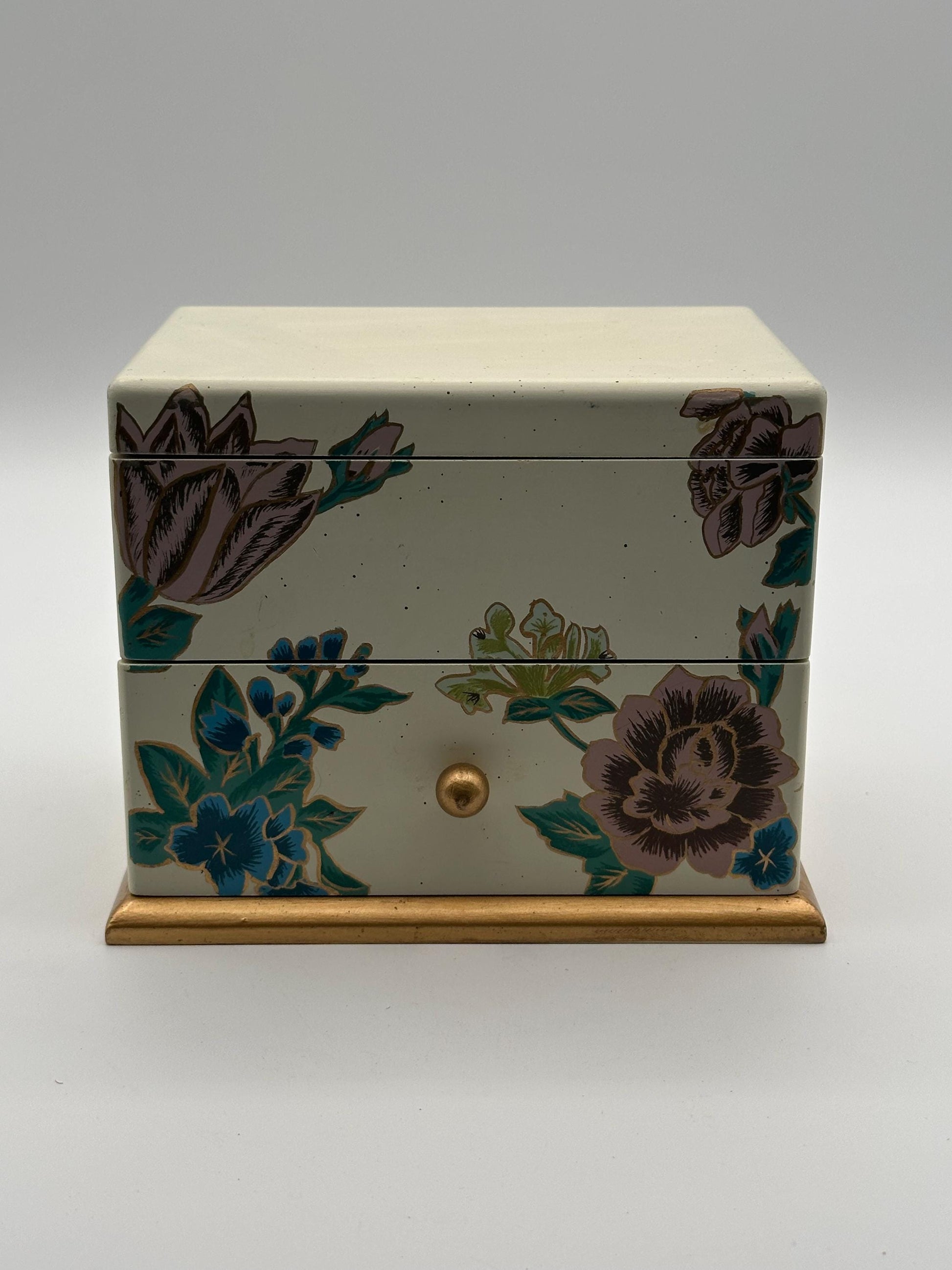 Vintage Floral Trinket Box | Hand Painted Flower Keepsake | Cream Jewelry Storage with Gold Base | Cottage Chic Decor