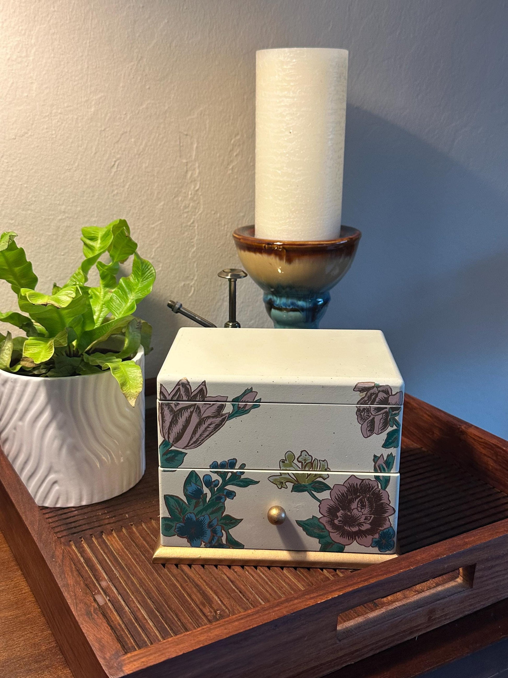 Vintage Floral Trinket Box | Hand Painted Flower Keepsake | Cream Jewelry Storage with Gold Base | Cottage Chic Decor