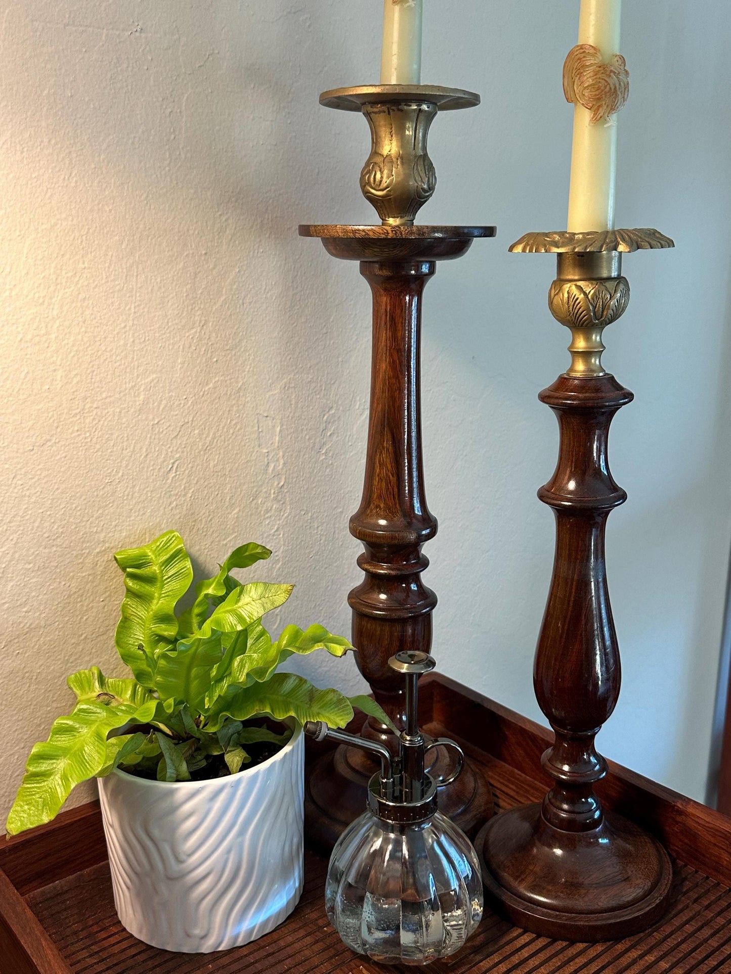 Vintage Tall Wooden Candlesticks with Brass Tops - Elegant Pair of Turned Taper Holders for Farmhouse Decor