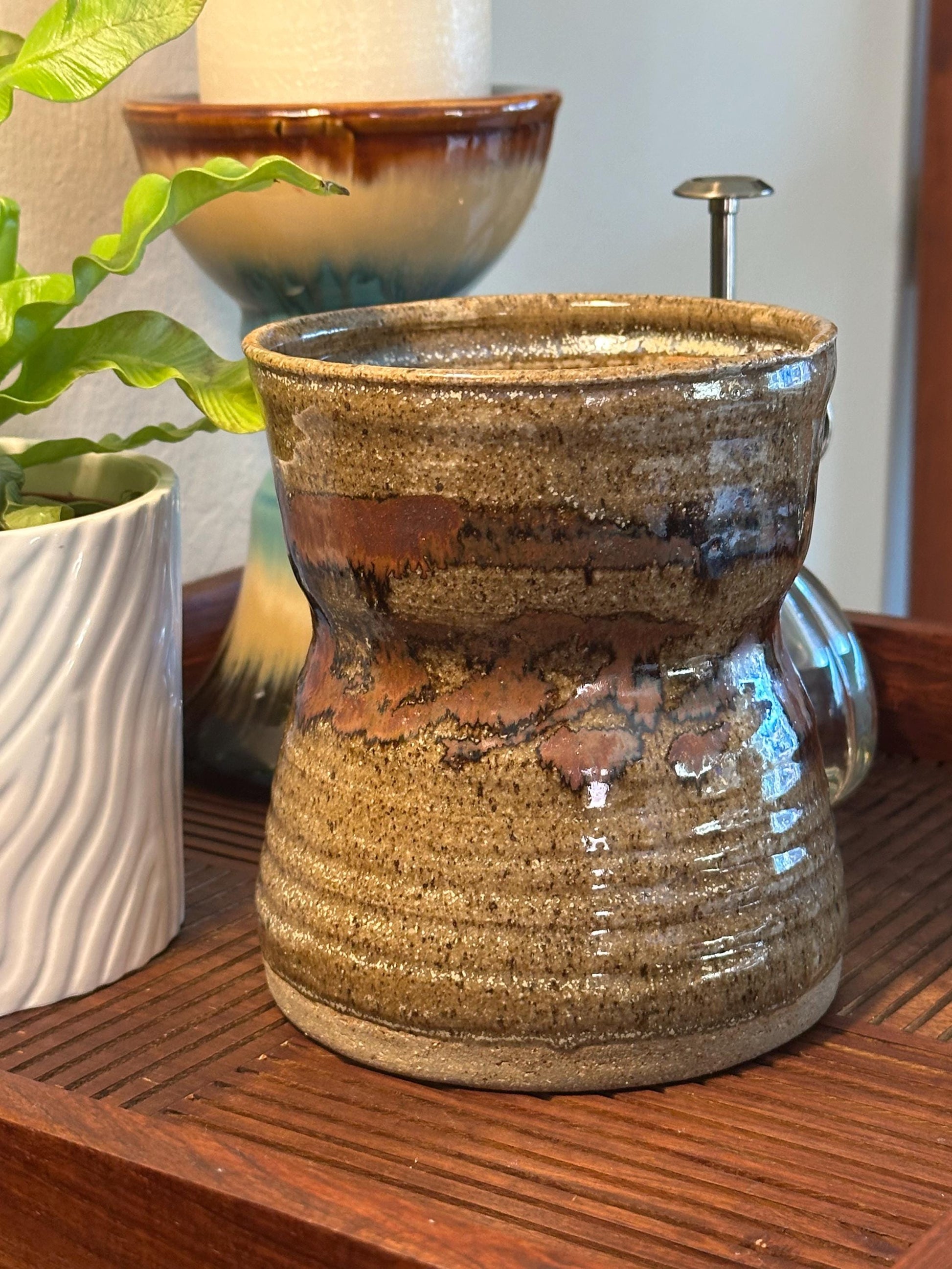 Artisanal Rustic Pottery Vase: Earthy Brown & Red Glazed Ceramic Stoneware for Home Decor