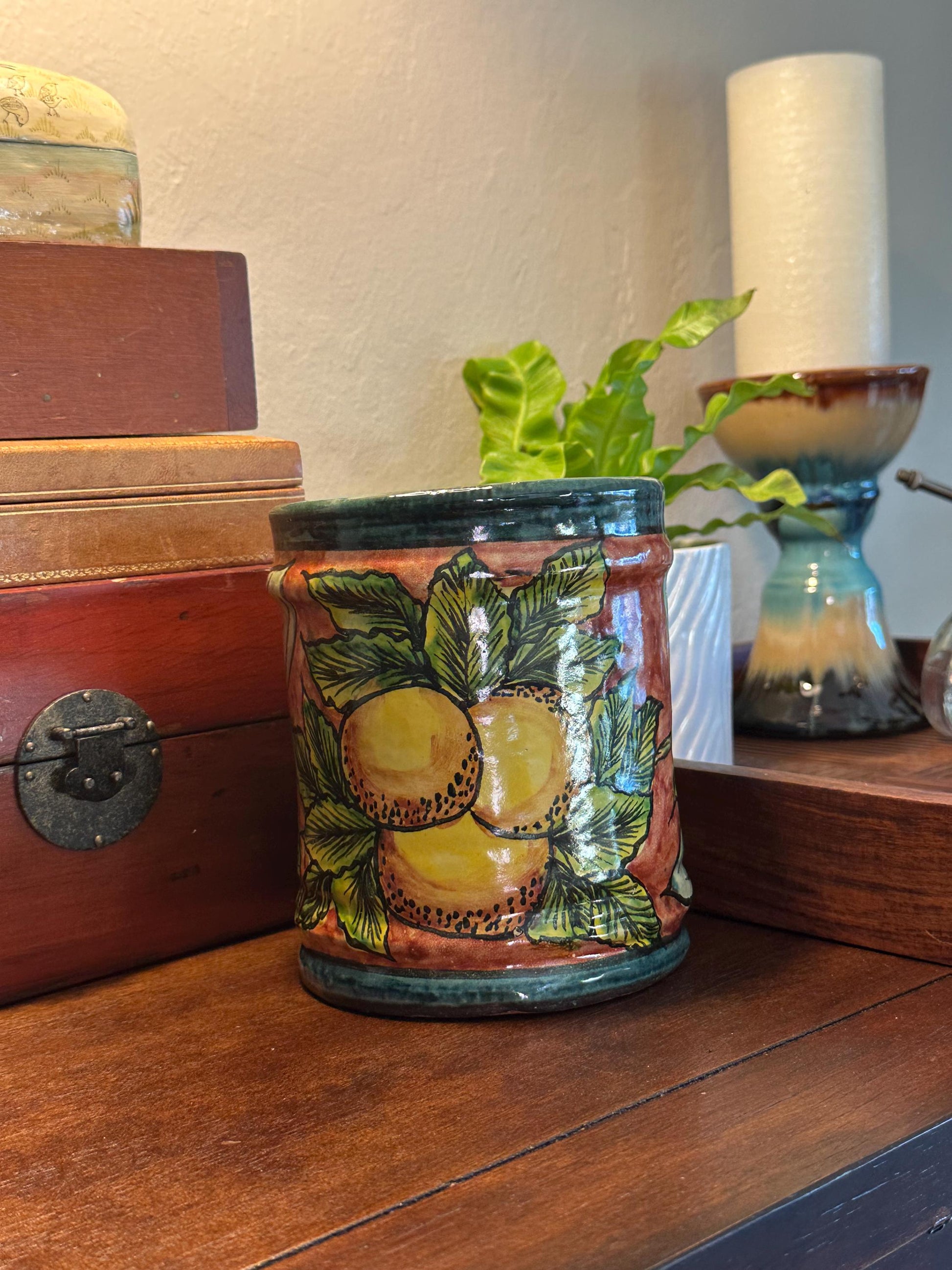 Vibrant Hand-Painted Mexican Ceramic Canister - Fruit & Leaf Motif Pottery Jar for Kitchen Storage