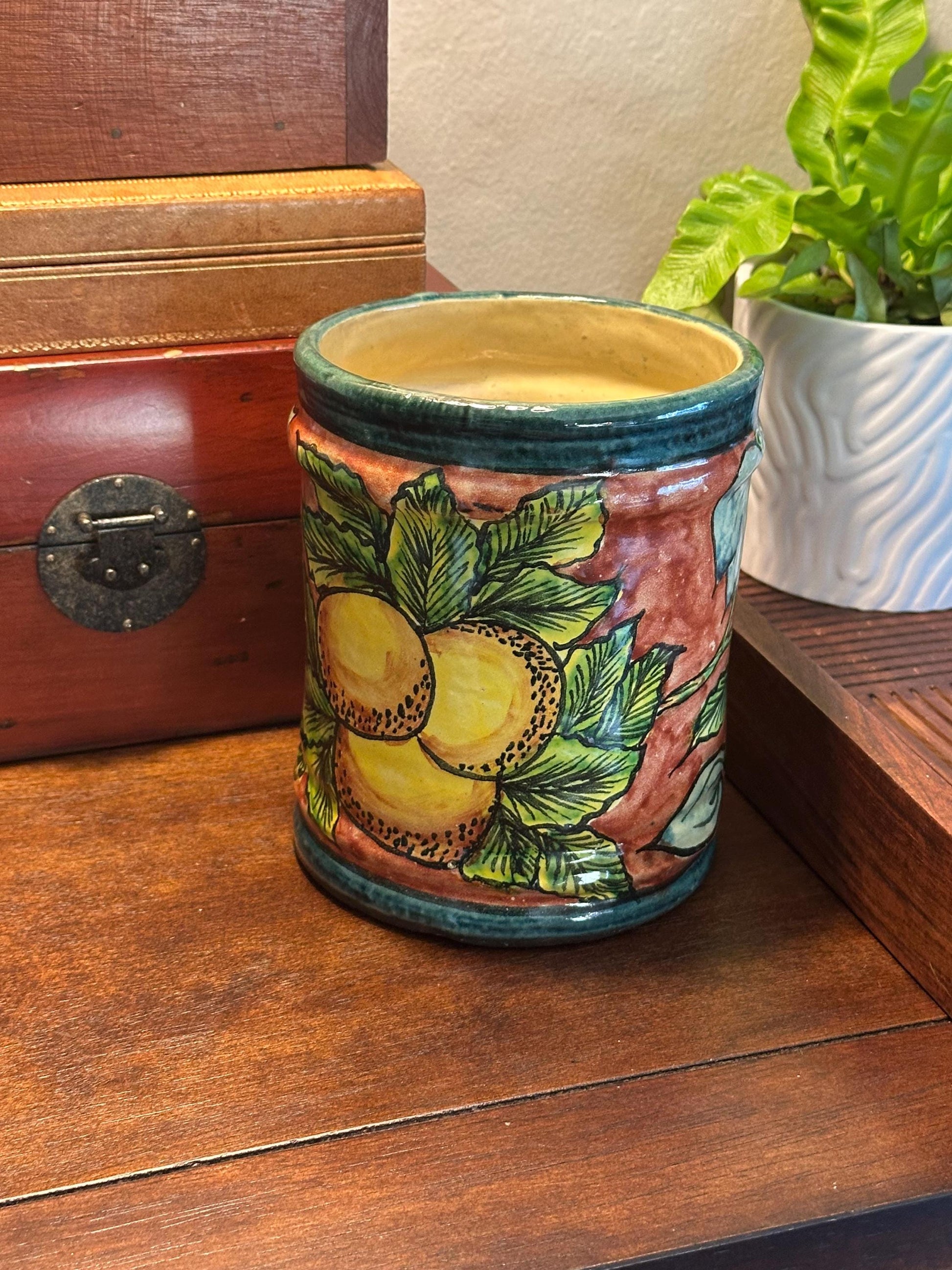 Vibrant Hand-Painted Mexican Ceramic Canister - Fruit & Leaf Motif Pottery Jar for Kitchen Storage