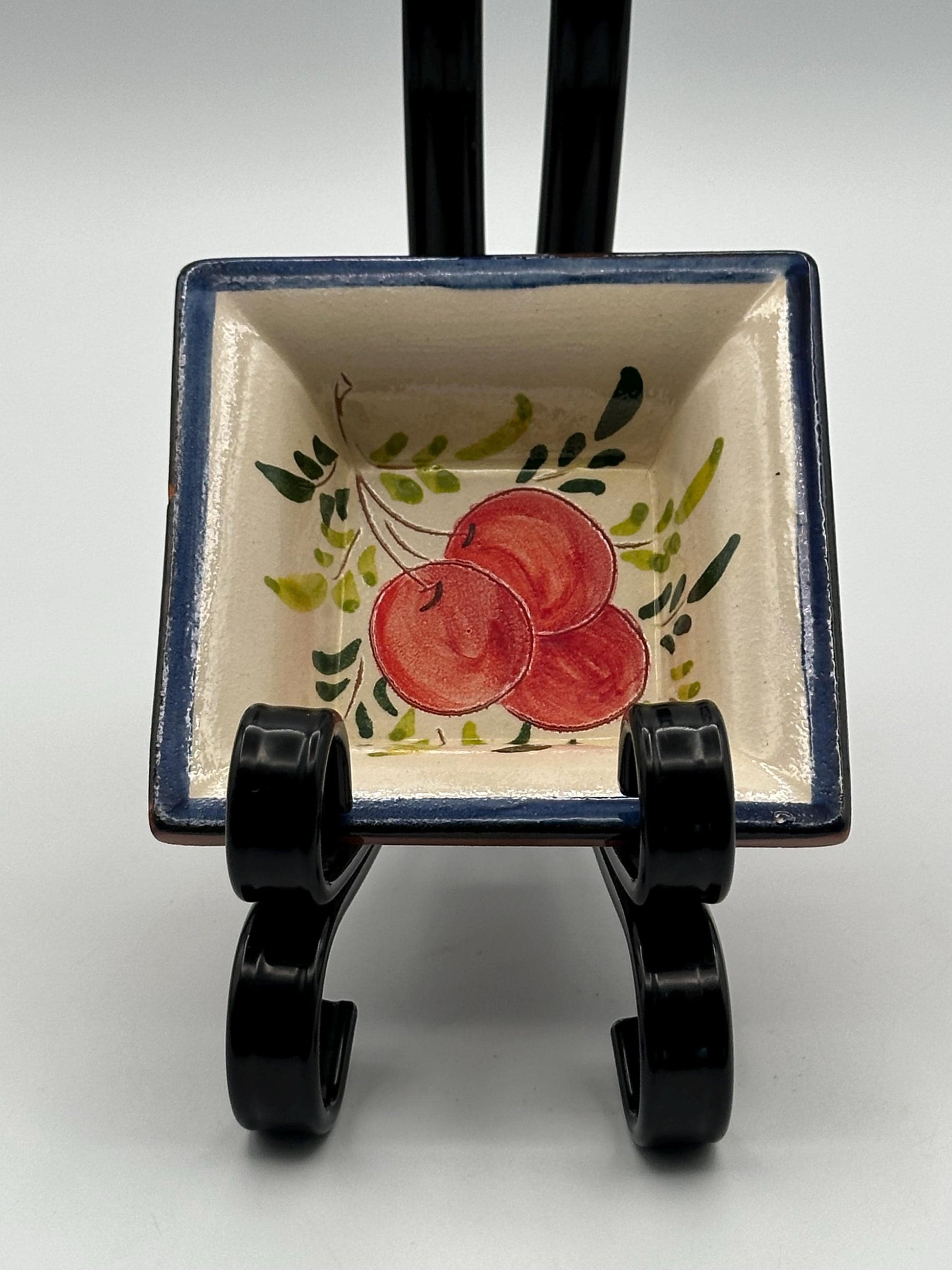 Hand-Painted Square Mexican Folk Art Ceramic Dish with Red Fruit Design - Artisan Pottery