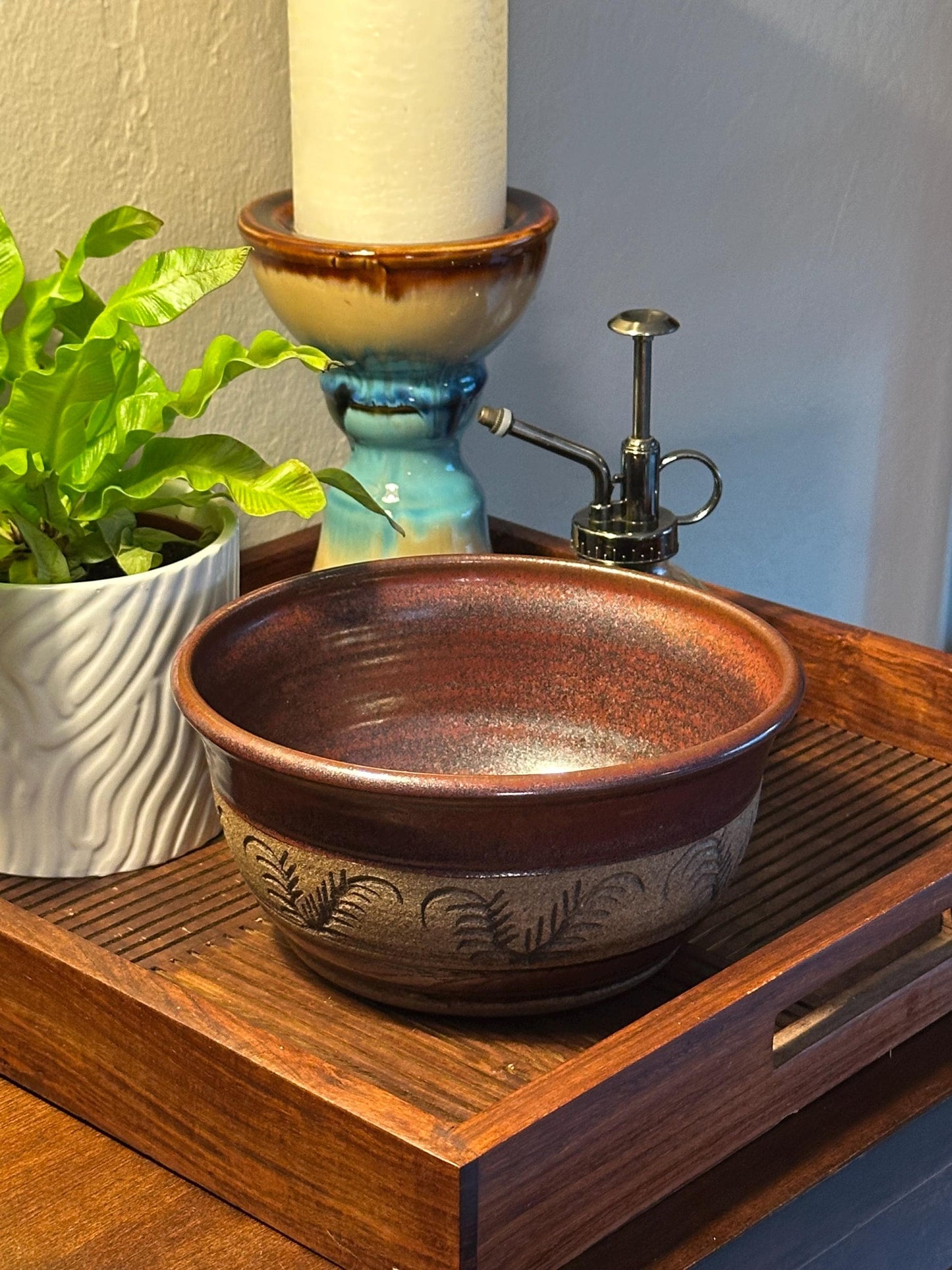 Rustic Stoneware Pottery Bowl - Handmade Ceramic Dish with Leaf Motif by Mountain Mud