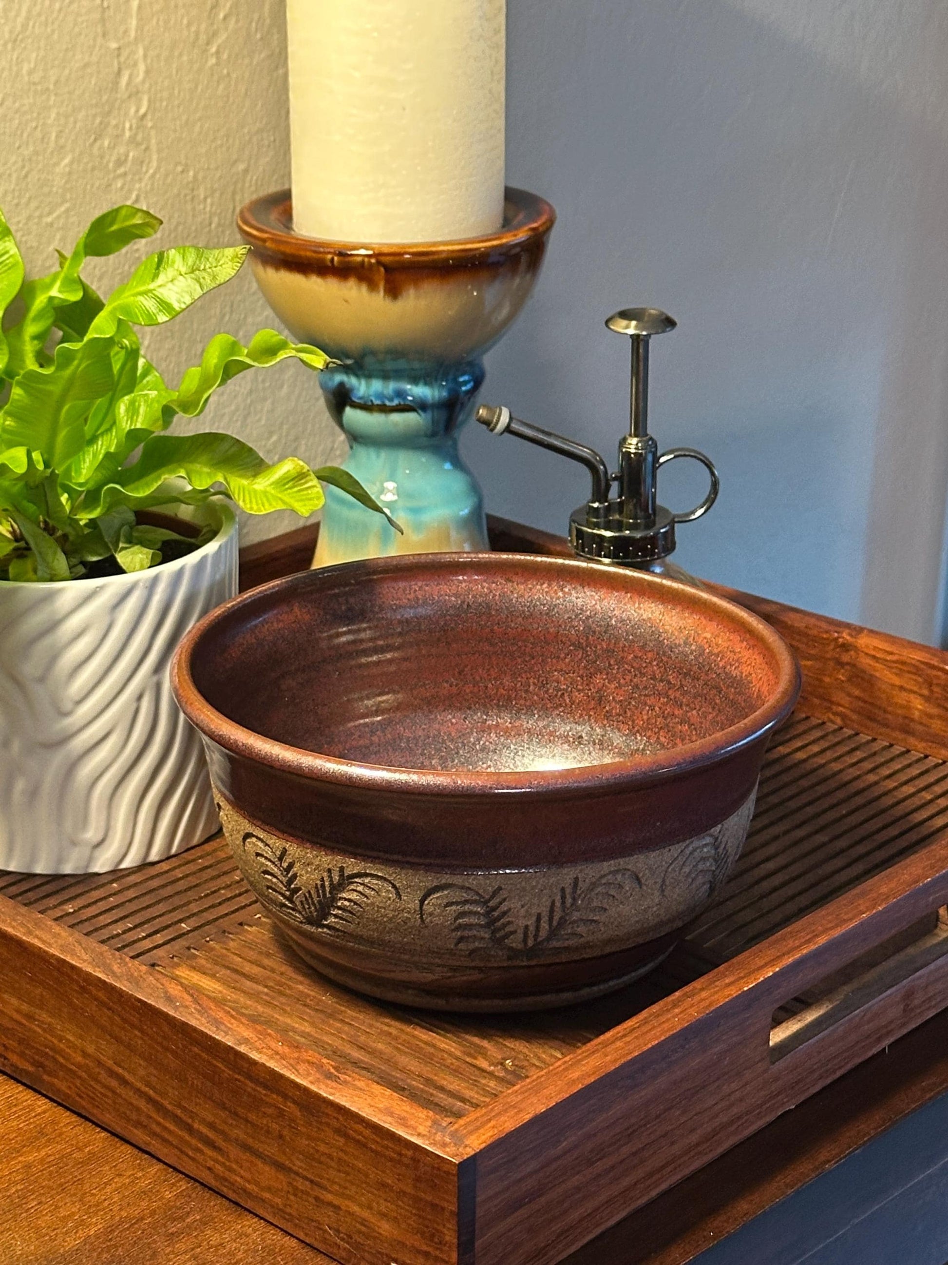 Rustic Stoneware Pottery Bowl - Handmade Ceramic Dish with Leaf Motif by Mountain Mud