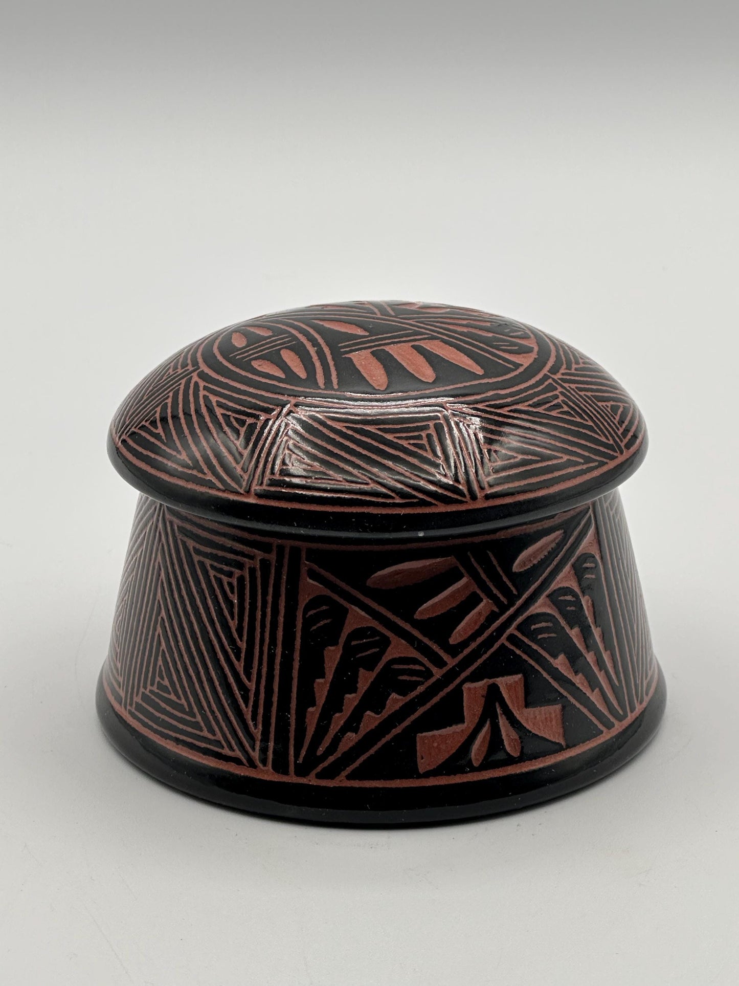 Artisan-Signed Geometric Pottery Jar with Lid - Tribal-Inspired Handcrafted Ceramic Container