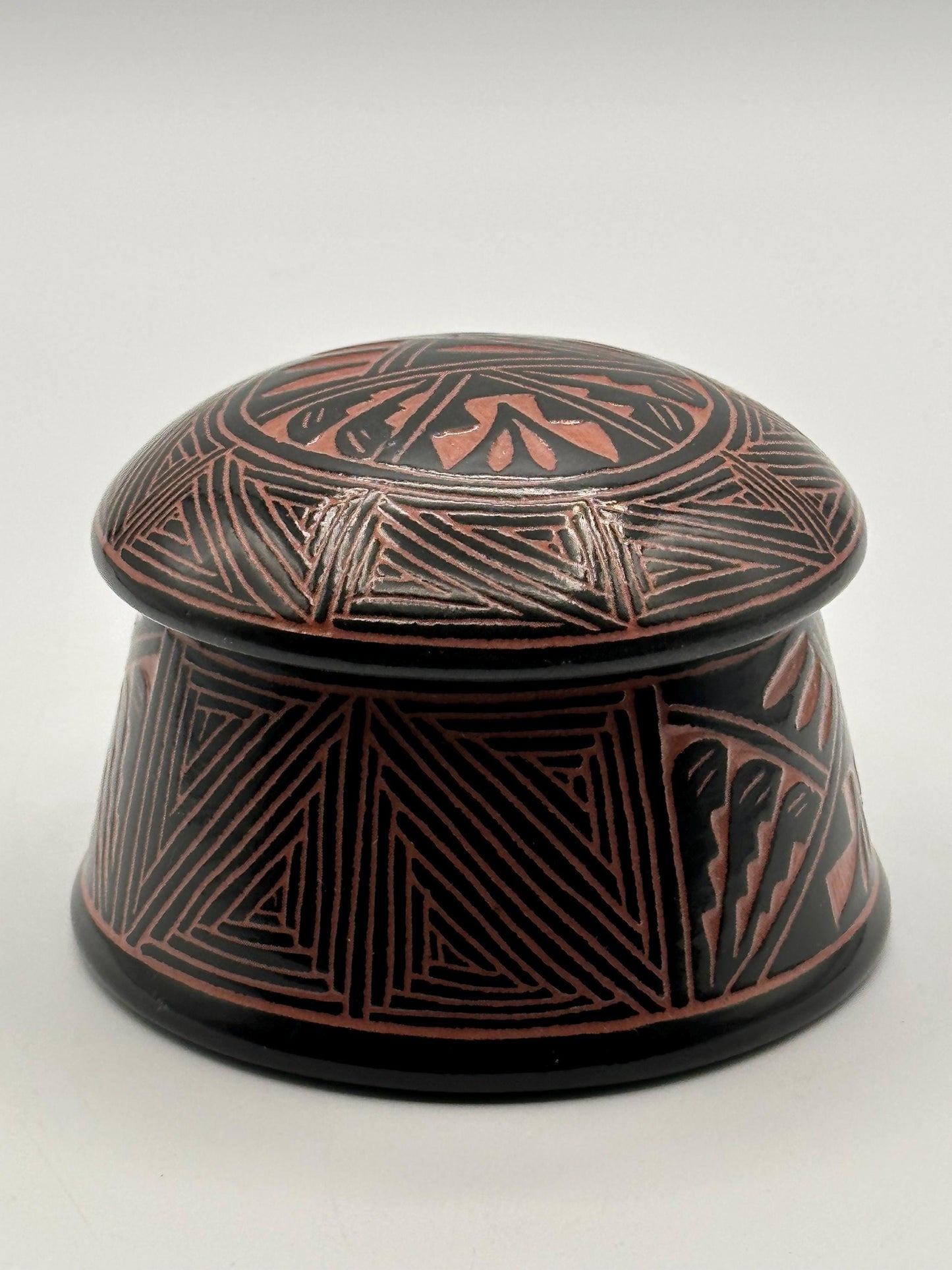 Artisan-Signed Geometric Pottery Jar with Lid - Tribal-Inspired Handcrafted Ceramic Container